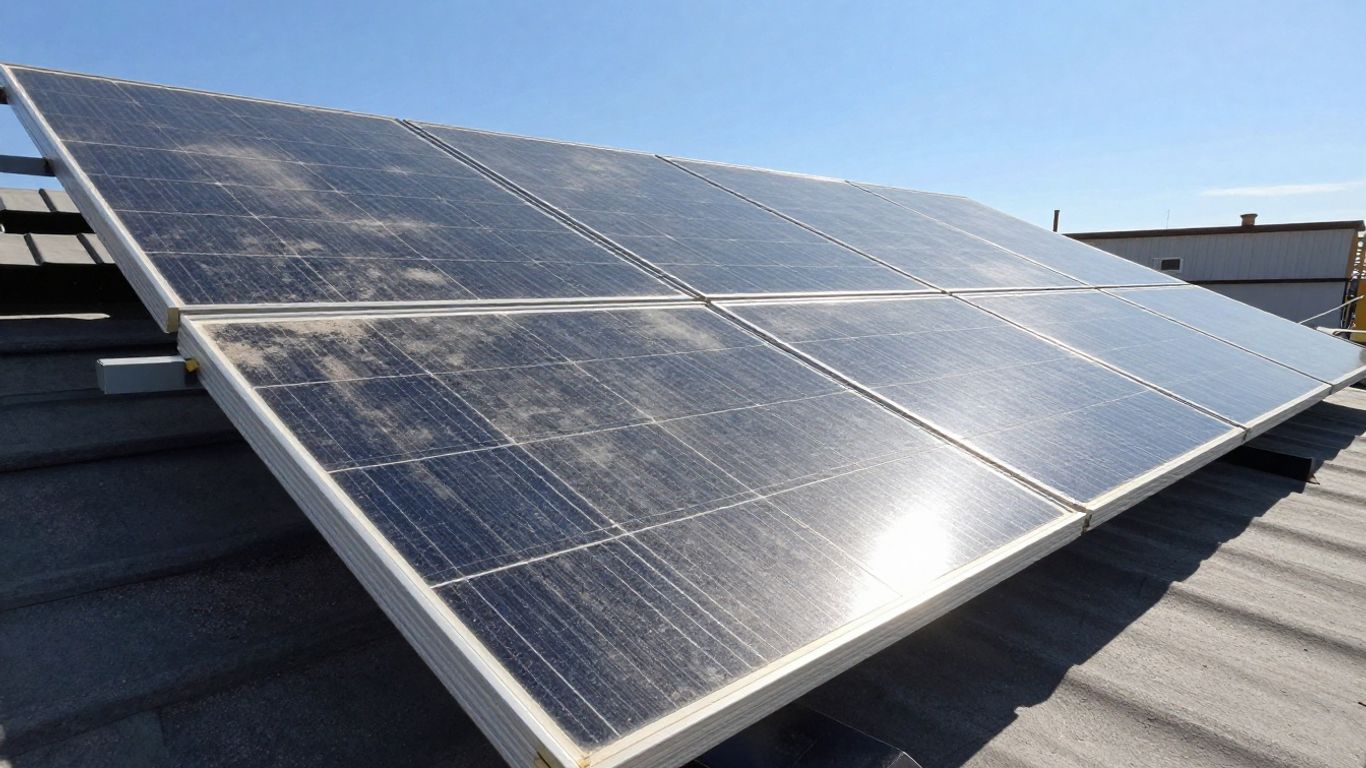 Clean and dirty solar panels on a roof.