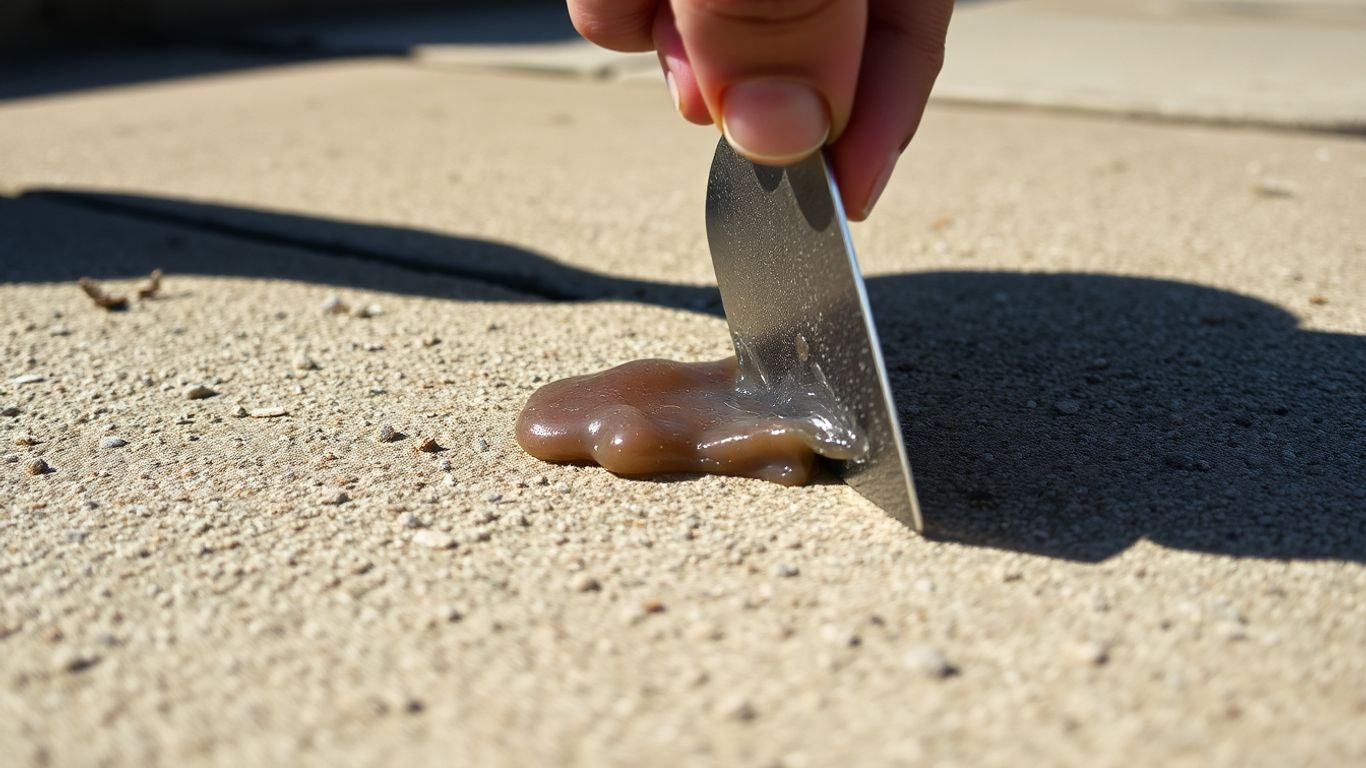Scraping gum off a concrete sidewalk with a tool.