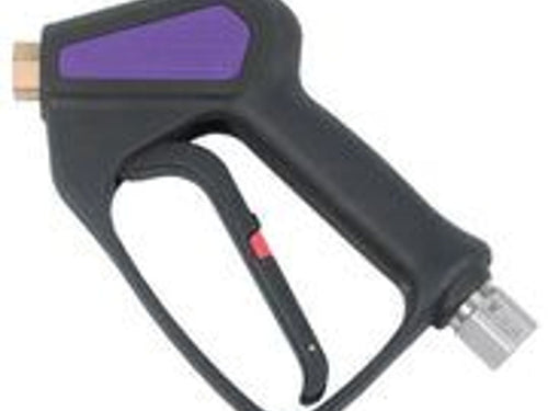 Image of a black and purple spray gun handle.