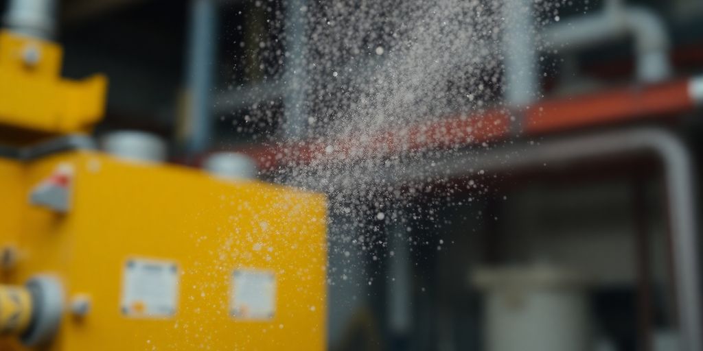 Fine dust particles floating in an industrial setting.