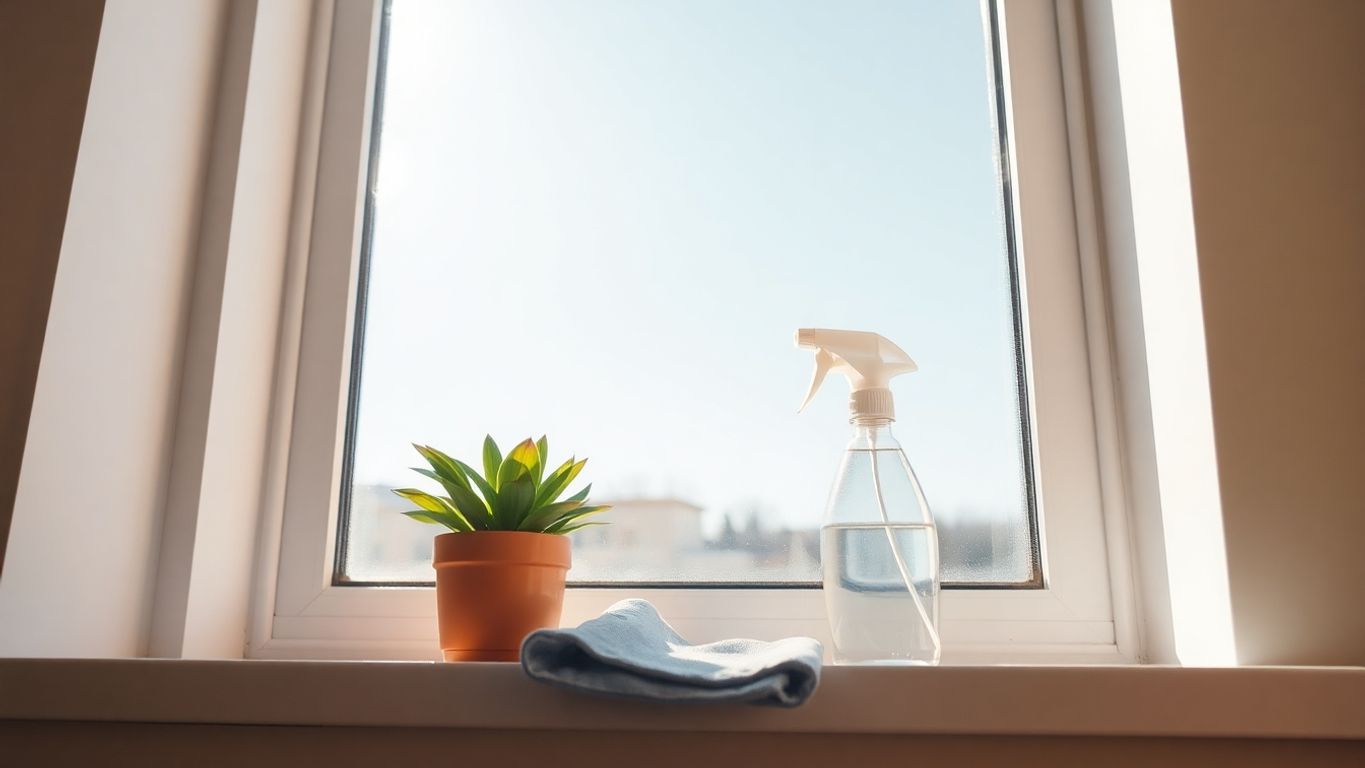 Sparkling window, green plant, cleaning supplies.