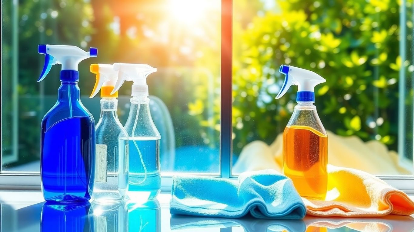 Sparkling window with cleaning products and sunlight.