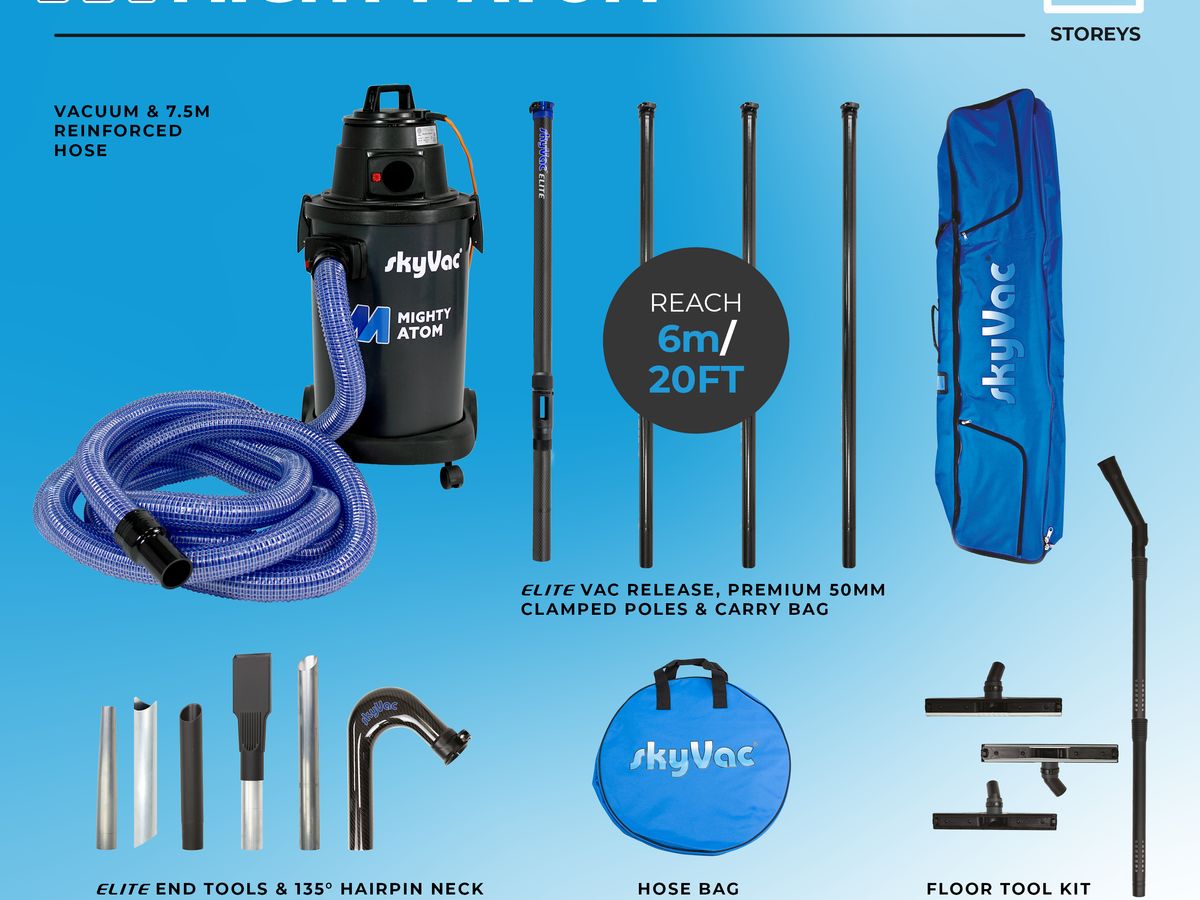 Image showcases a vacuum and accessories for cleaning high surfaces.