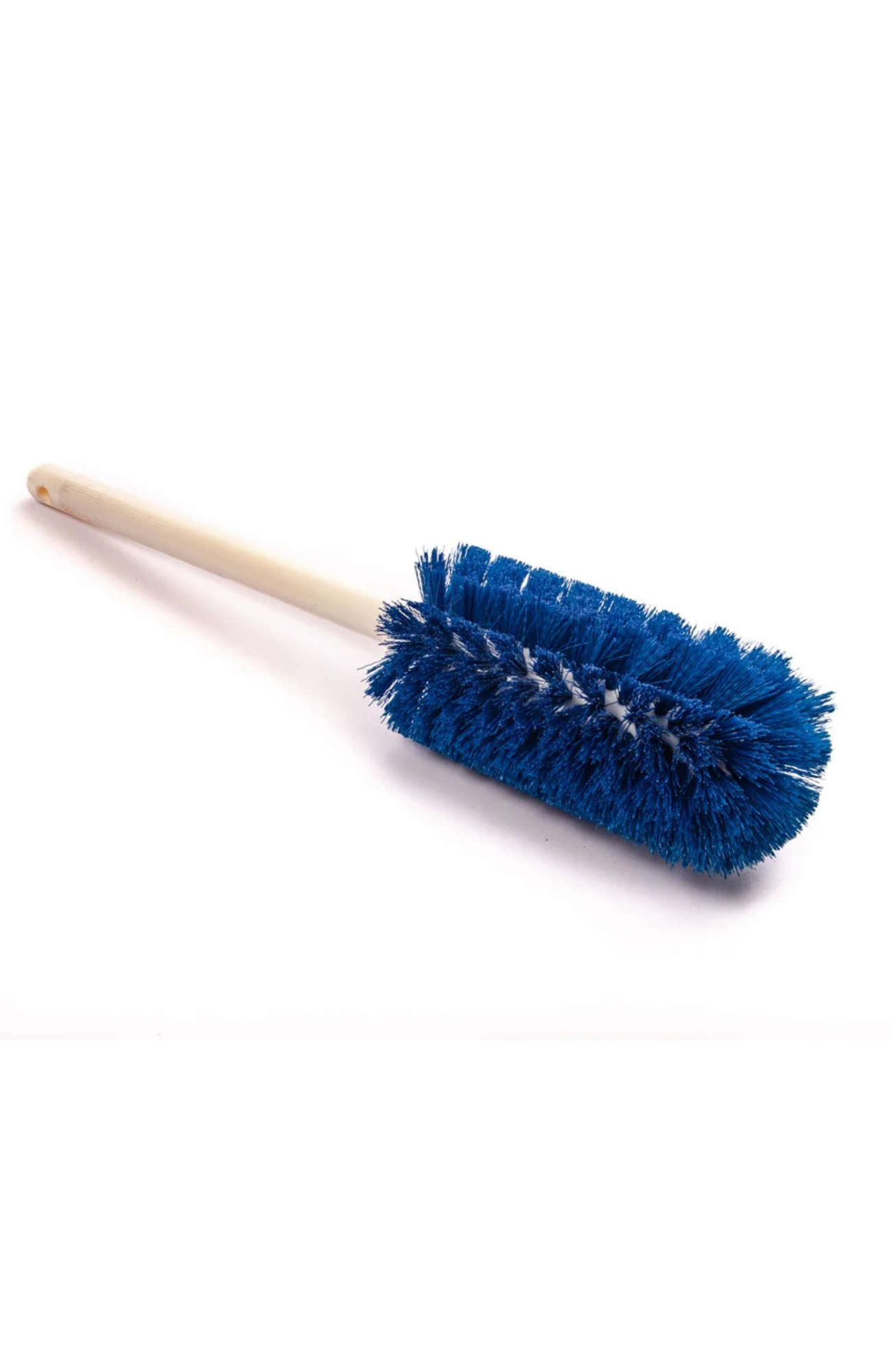 Heavy-duty 3 1/4" OD fitting brush with 16" handle and blue nylon bristles.