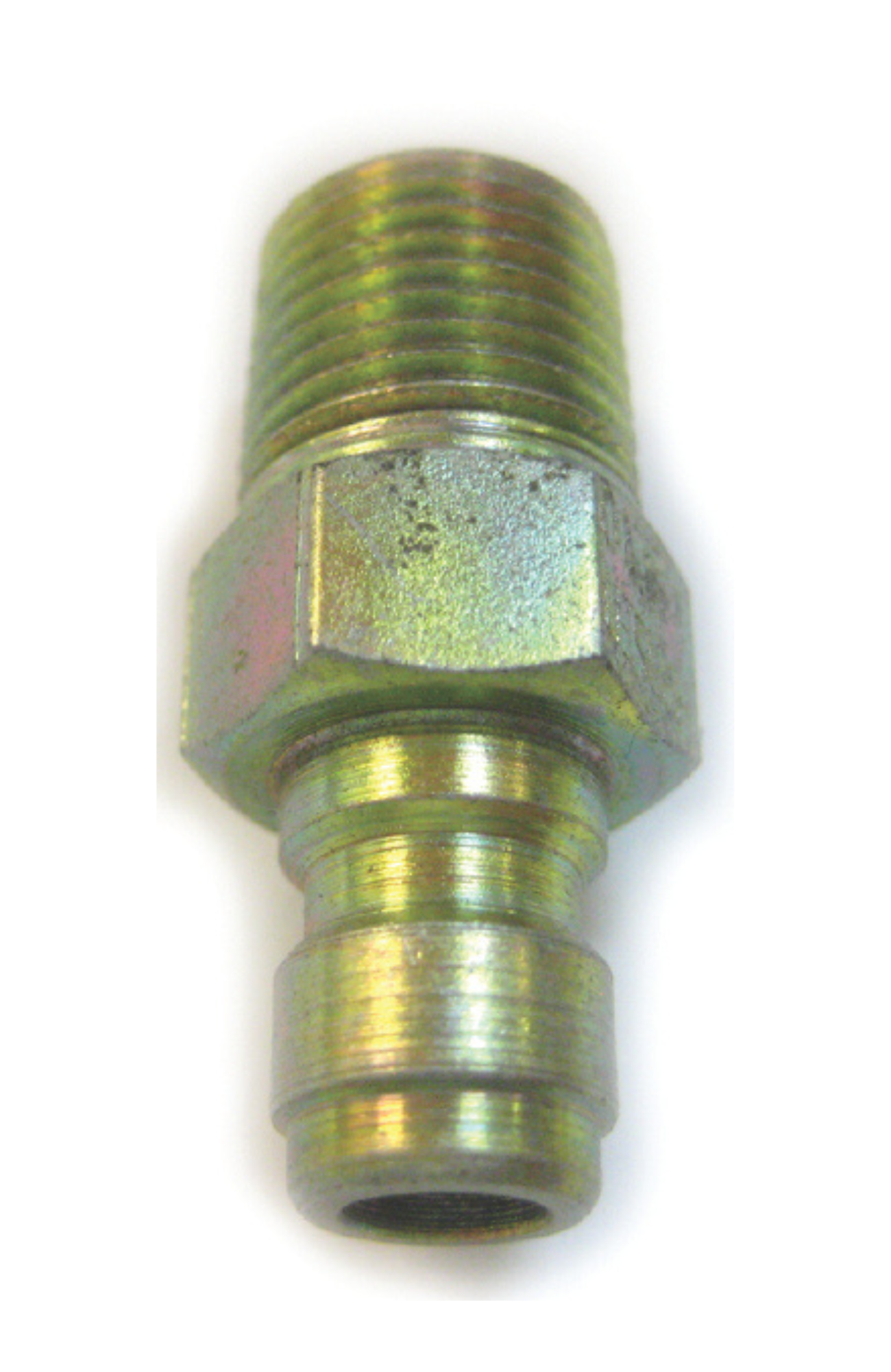 Suttner plated steel fitting 010000570 with 1/8" QC plug and 1/8" MPT threading, rated 5800 PSI for high-pressure systems.