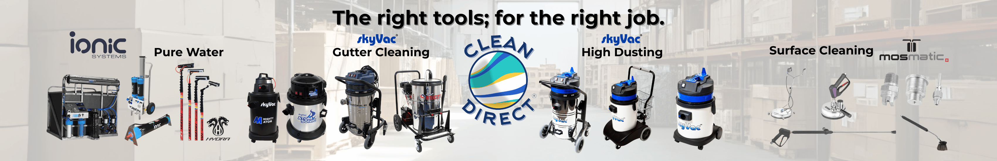 Display of cleaning tools with brand names and product types