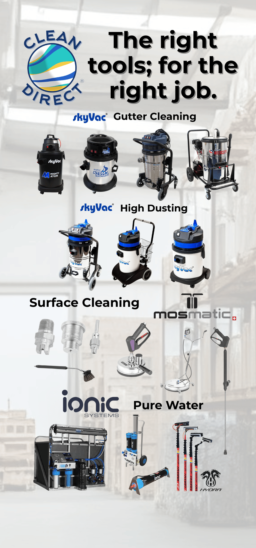 Display of cleaning tools with brand names and product types