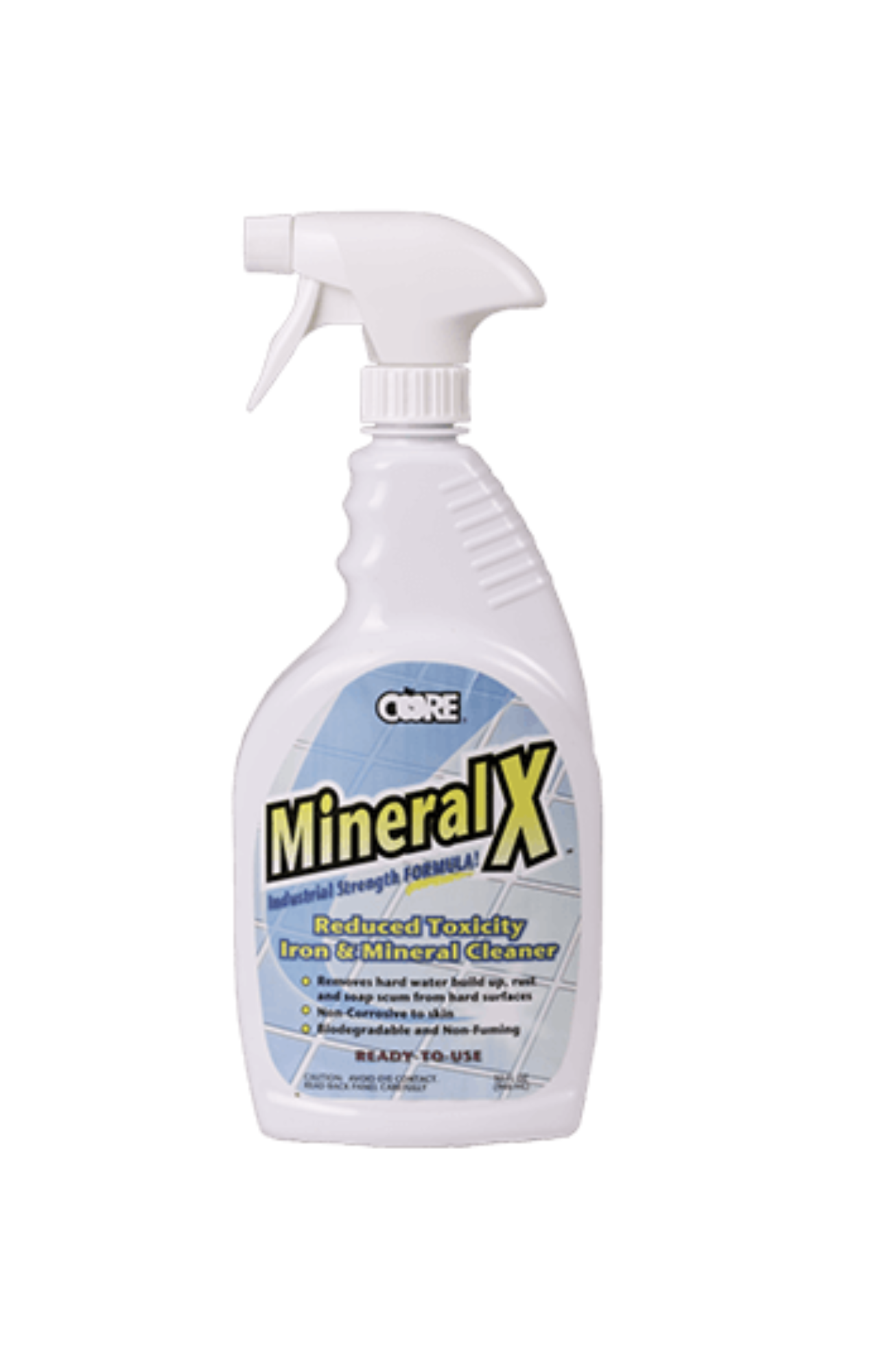 CORE CMX-1 READY Mineral X® Reduced Toxicity Iron & Mineral Cleaner bottle, safer non-acid formula for removing iron stains, calcium deposits, and mineral buildup on multiple surfaces.