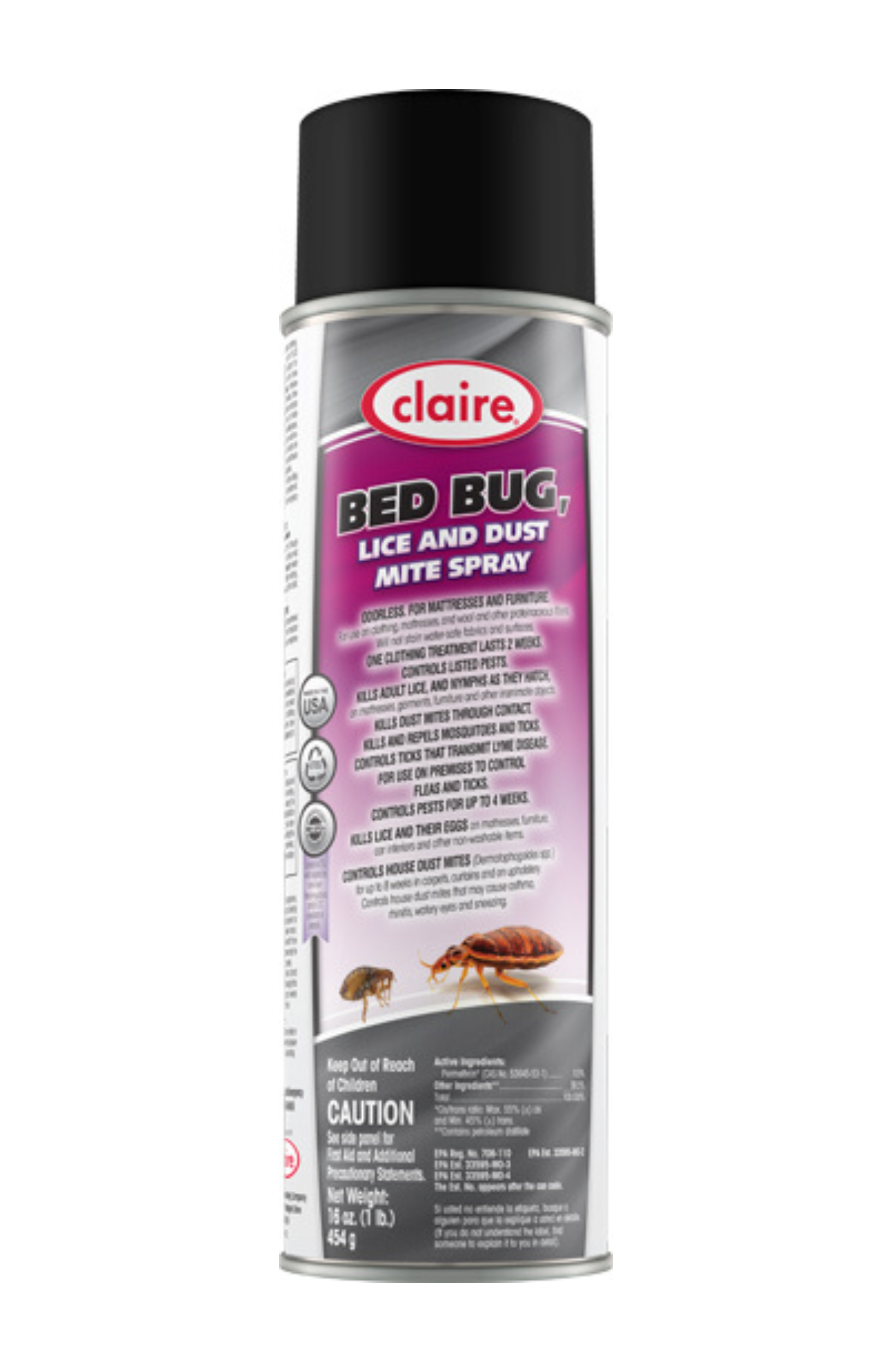 Claire CL006 Bed Bug, Lice, and Dust Mite Spray aerosol can, odorless insecticide for bed bugs, fleas, ticks, lice, and dust mites, safe for fabrics and upholstery.