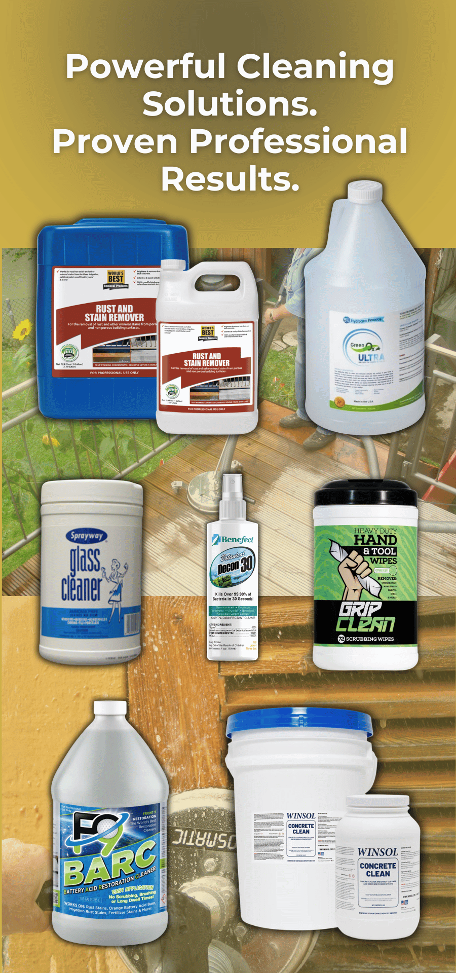 Promotional banner for professional-grade cleaning agents with various containers and logos