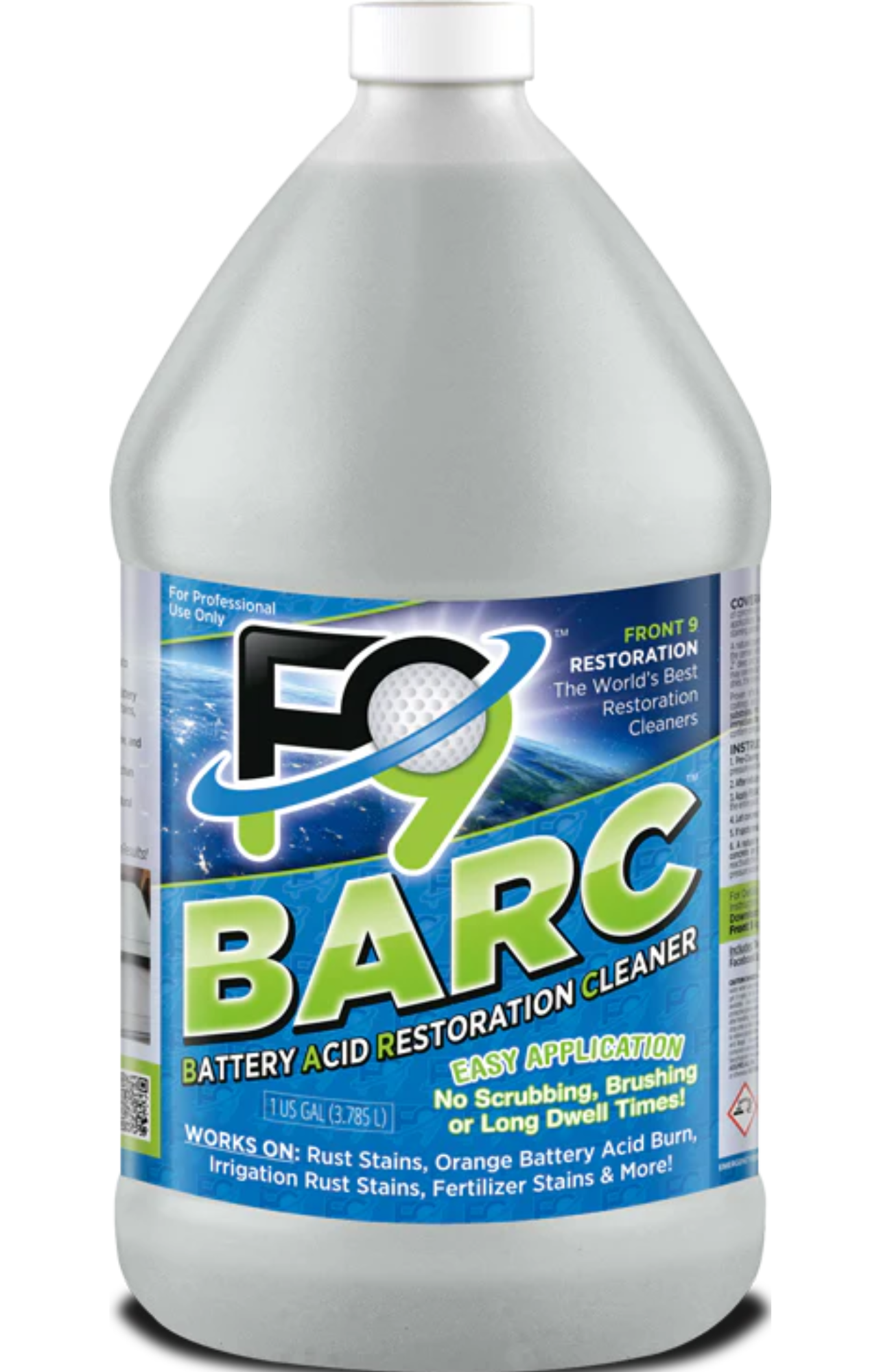 Gallon bottle of FC BARC Battery Acid Restoration Cleaner on a white background