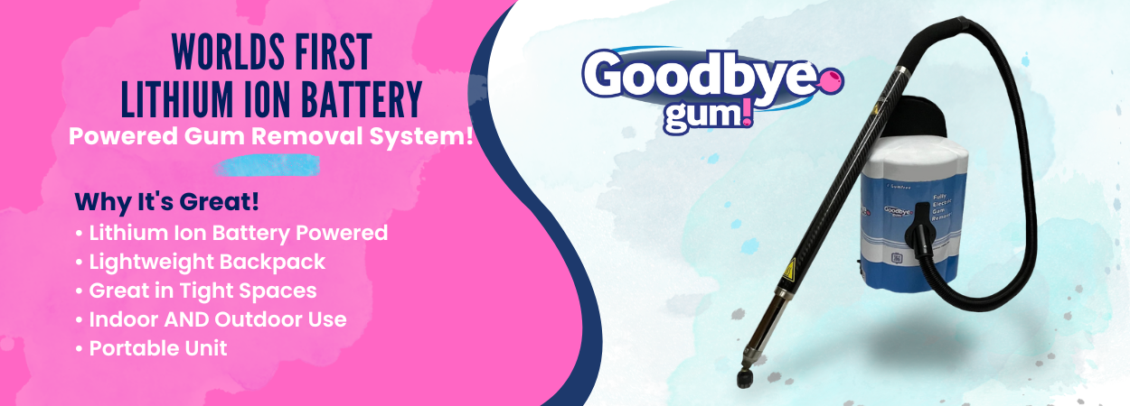 Gum removal system with 'Goodbye Gum!' branding on a pink and blue background
