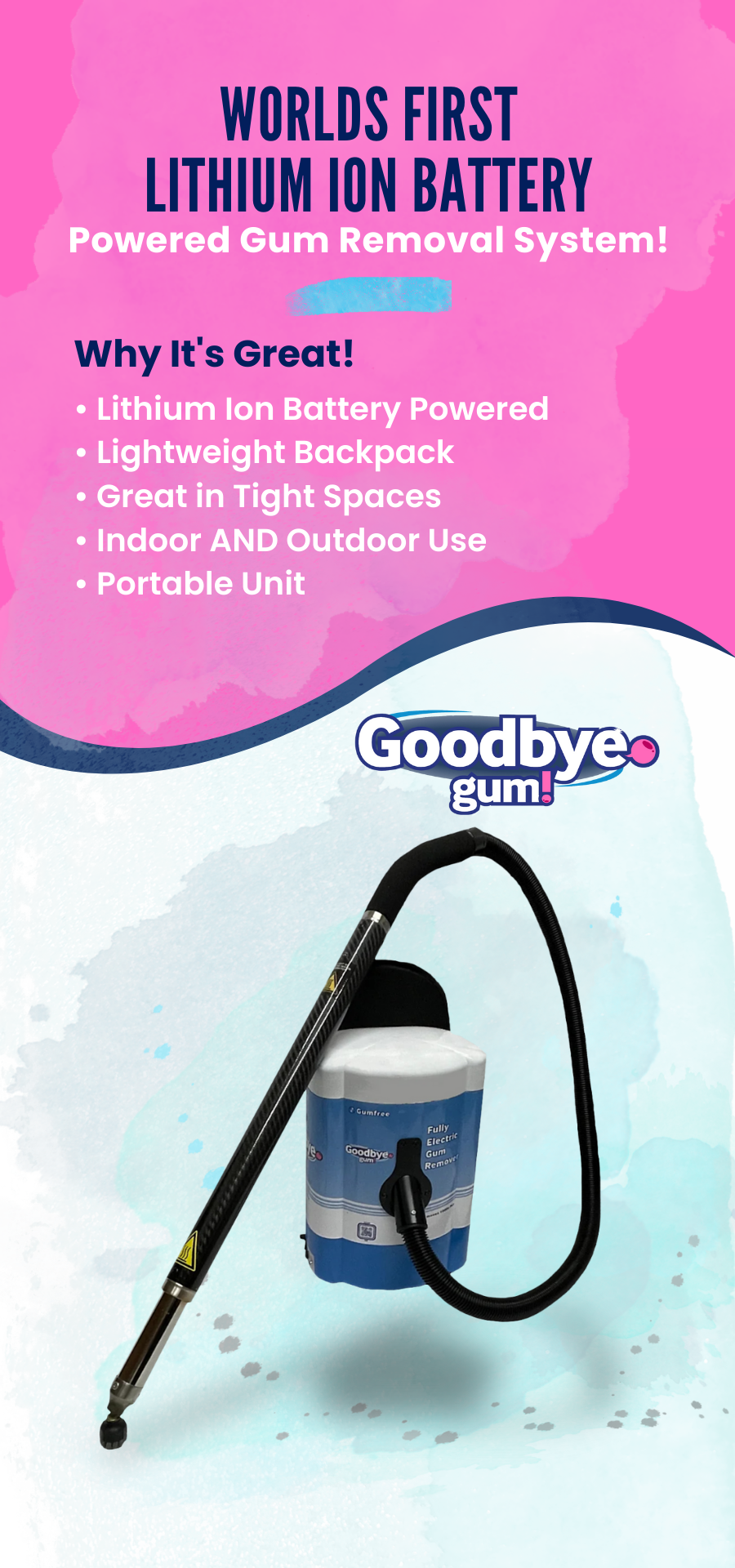 Gum removal system with backpack and cleaning device on a light blue background