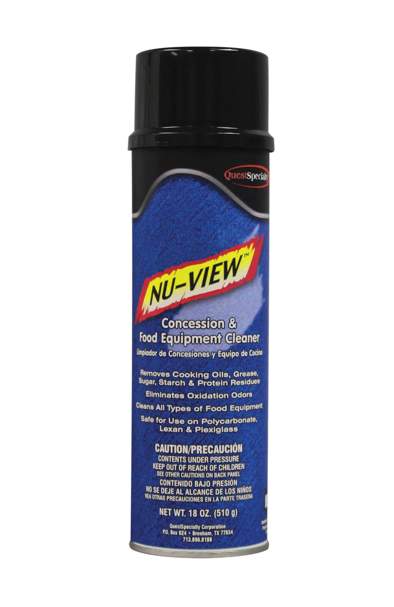Quest 20301 NU-VIEW Concession & Food Equipment Cleaner 20 oz aerosol can, 18 oz net weight, NSF A1-rated foaming degreaser safe for stainless steel, aluminum, plexiglass, Formica®, and chrome.