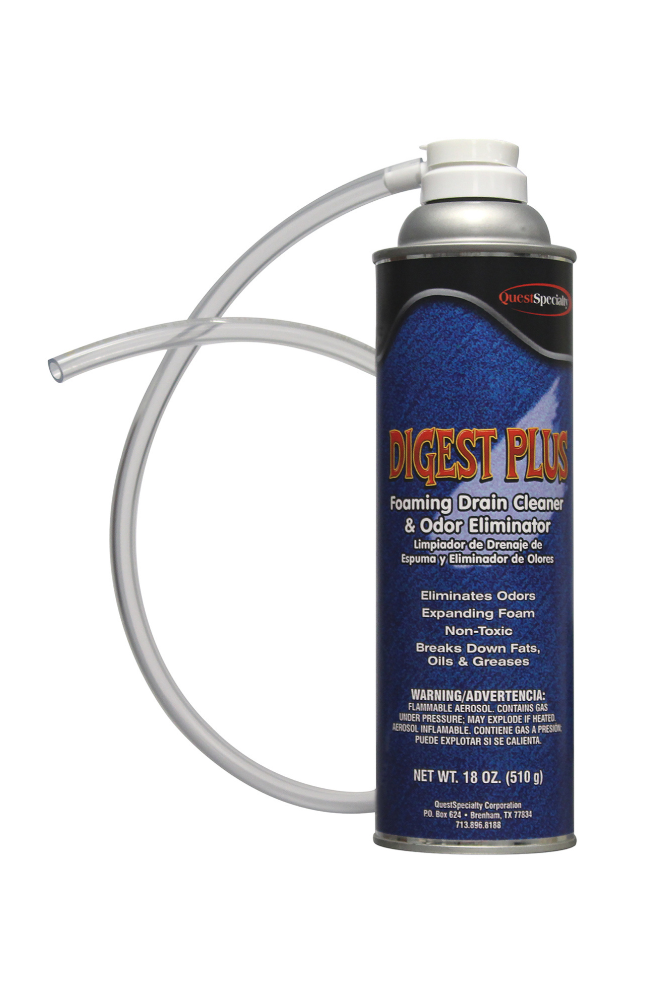 Quest 2040 Digest Plus Foaming Drain Cleaner & Odor Eliminator 20 oz aerosol can, 18 oz net weight, enzyme-based expanding foam with 24-inch tube for removing grease, oils, and odors from drains and grease traps.