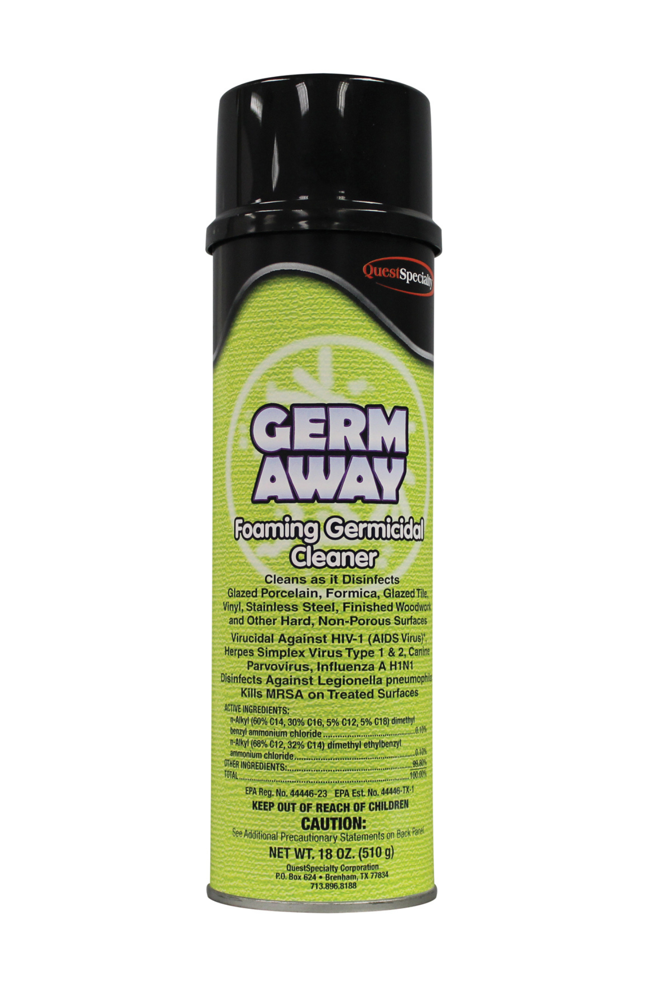 Quest 2170 Germ Away Foaming Germicidal Cleaner 20 oz aerosol can, 18 oz net weight, EPA-registered disinfectant that kills MRSA, Influenza A H1N1, bacteria, mold, and mildew while cleaning grease and soap scum.