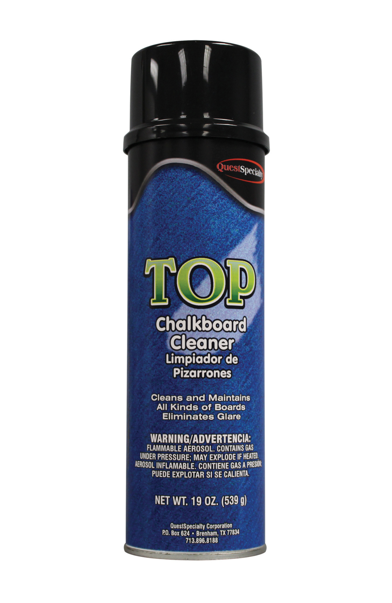 Quest 2230 TOP Chalkboard Cleaner 20 oz aerosol can, 19 oz net weight, USDA-authorized foaming cleaner for chalkboards, dry erase boards, and plastic marking boards, dissolving chalk dust and marker residue.