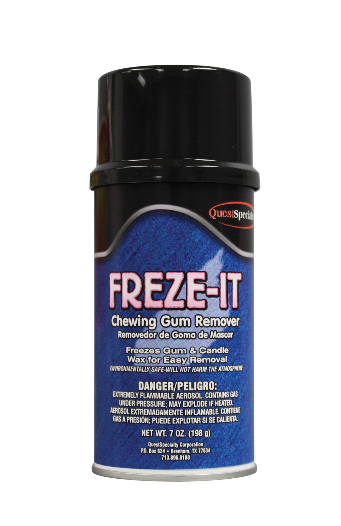 Quest 2280 FREZE-IT Chewing Gum Remover 12 oz aerosol can, 7 oz net weight, solvent-free frosty blast formula for instant gum and wax removal from carpets, furniture, sidewalks, and electronics.