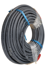 A large coil of gray softwash hose secured with blue straps and clear plastic wrapping, isolated on a white background.