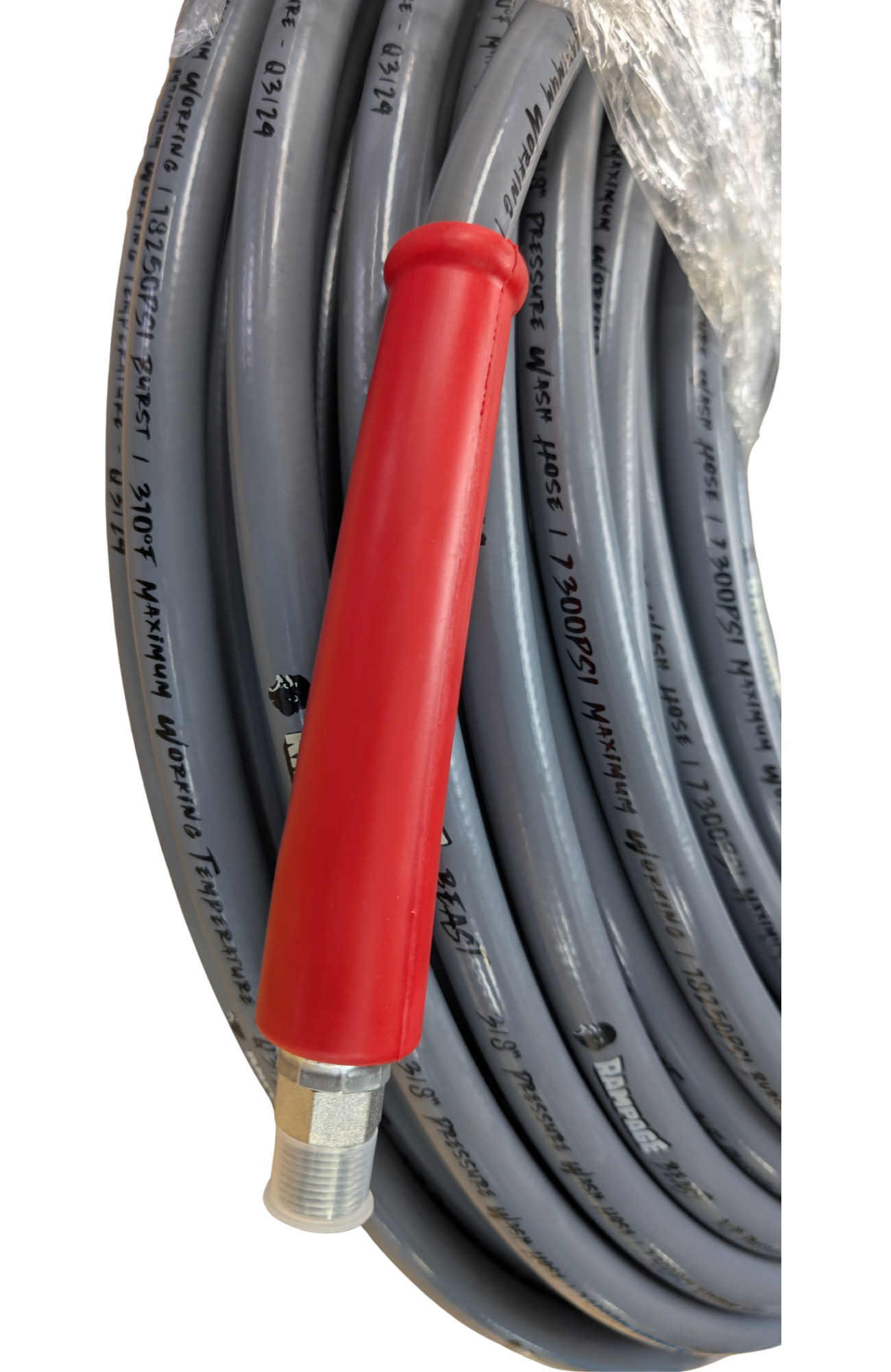 A coiled gray industrial softwash hose with a bright red connector handle and a silver metal fitting, shown against a white background.
