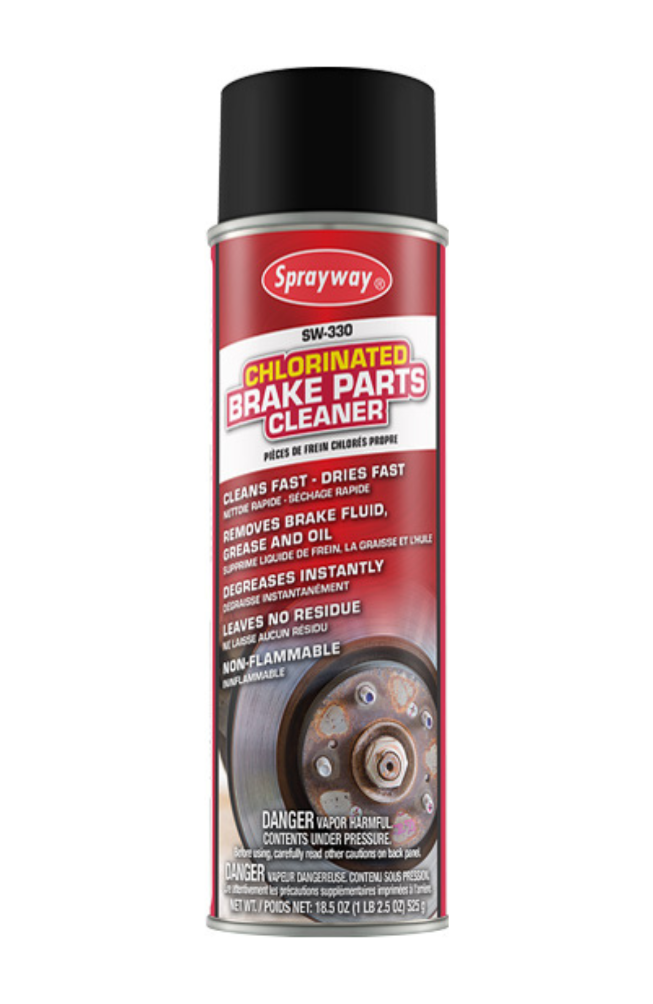 Sprayway SW330 Chlorinated Brake Parts Cleaner 20 oz aerosol can, 18.5 oz net weight, non-flammable high-flow formula for fast brake cleaning and degreasing.