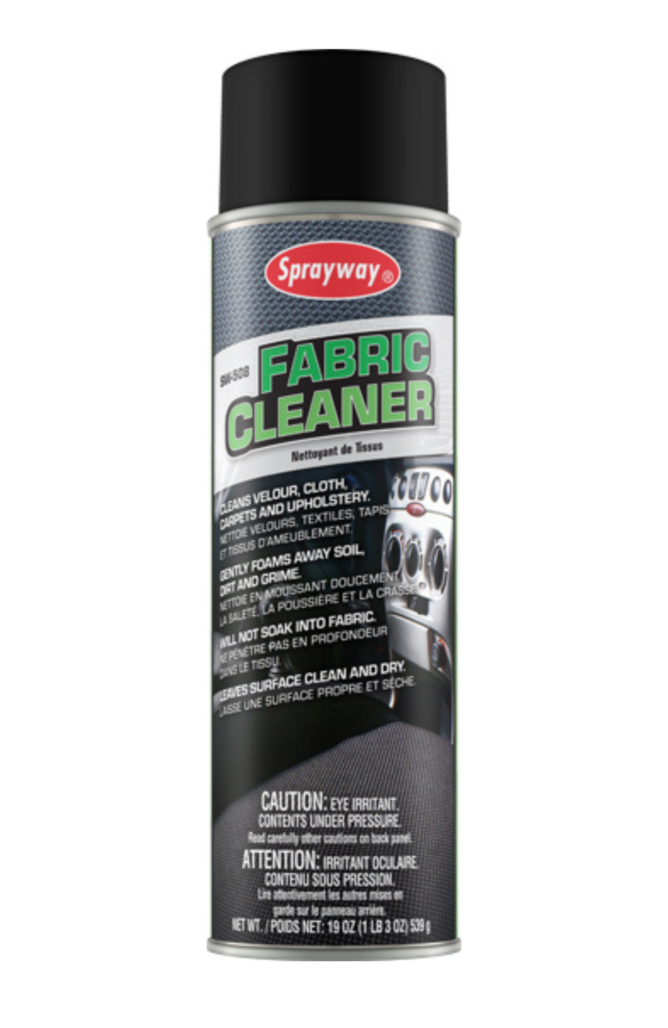 Sprayway SW508 Fabric Cleaner 19 oz aerosol can with high-foam formula and wintergreen fragrance, designed for automotive and household upholstery cleaning.