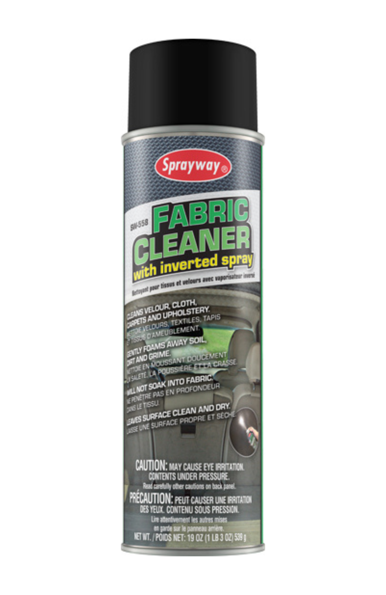 Sprayway SW558 Fabric Cleaner with Inverted Spray 20 oz aerosol can, 19 oz net weight, high-foam formula cleans upholstery and fabrics without leaving them wet.
