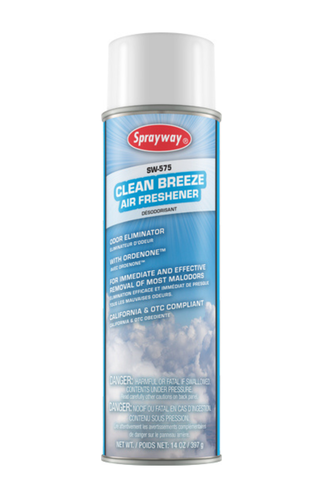 Sprayway SW575 Clean Breeze Air Freshener 20 oz aerosol can, 14 oz net weight, with Ordenone™ odor counteractant for fabrics, interiors, and long-lasting freshness.