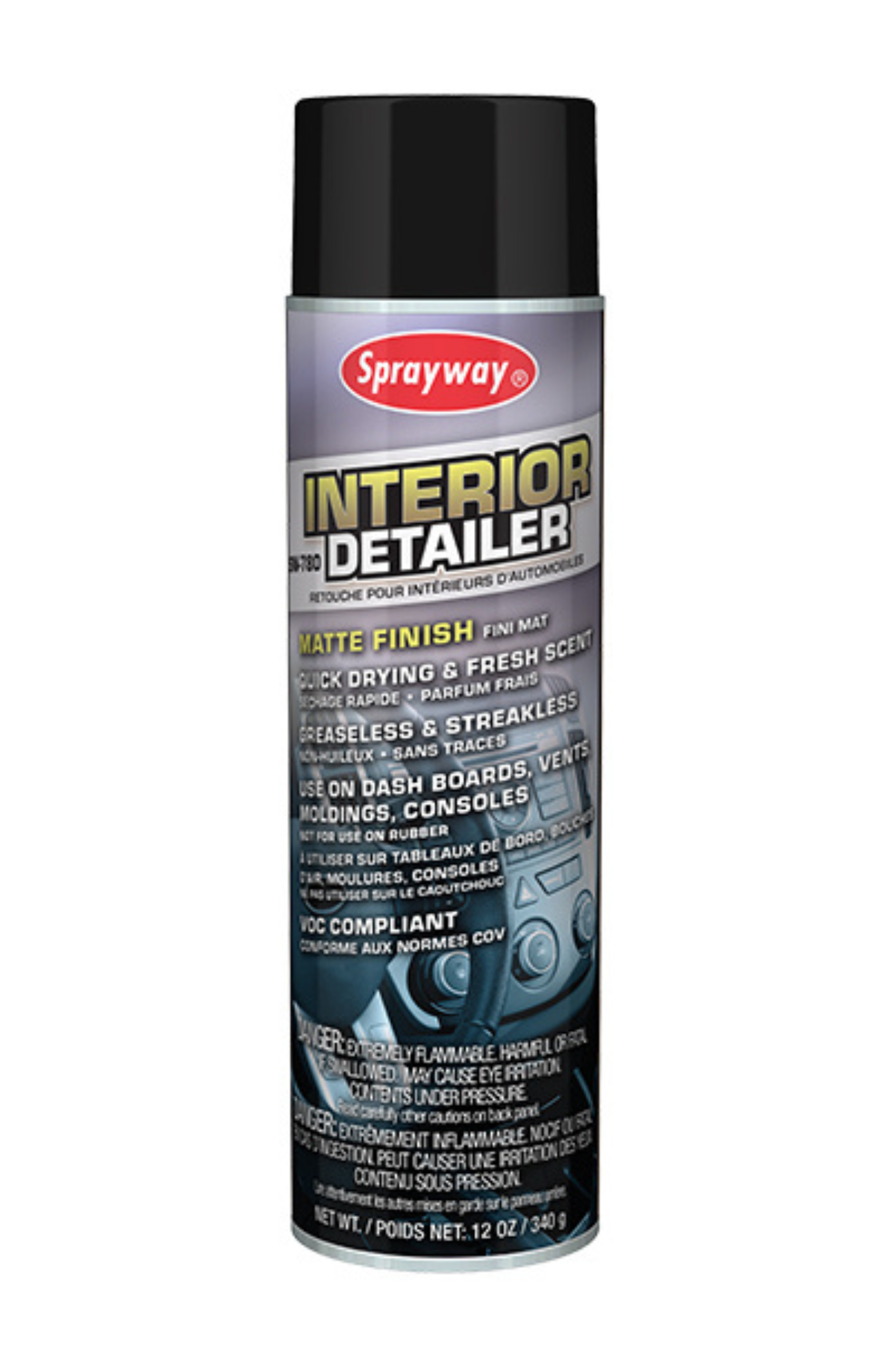 Sprayway SW780 Interior Detailer 20 oz aerosol can, 12 oz net weight, quick-drying greaseless spray for dashboards, vents, moldings, and consoles.