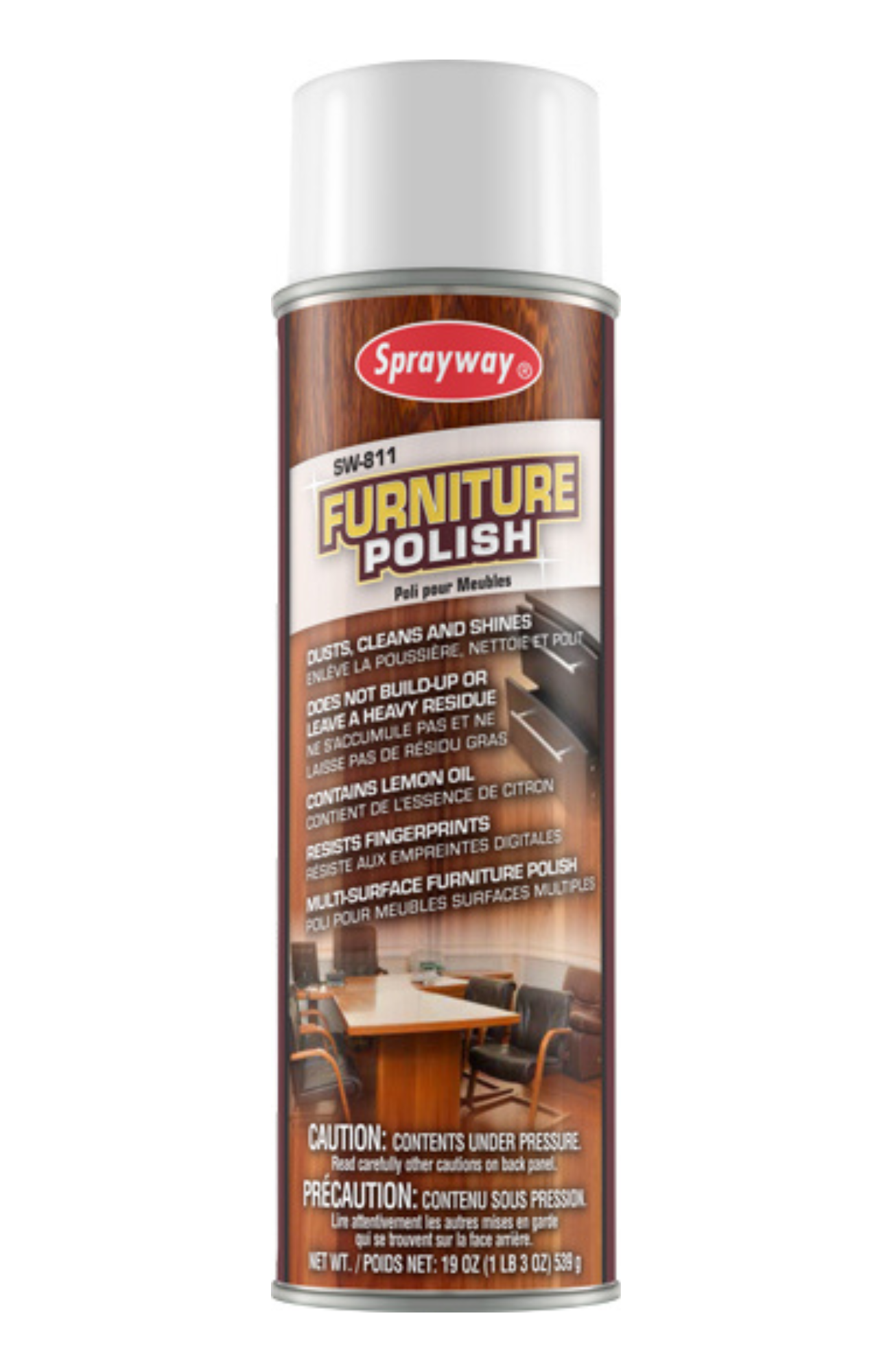 Sprayway SW811 Furniture Polish 19 oz aerosol can with lemon oil formula, designed to dust, clean, and polish wood, marble, leather, and multiple surfaces.