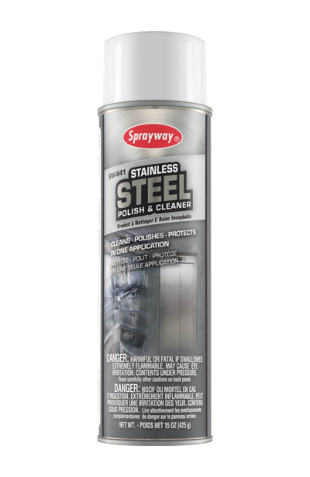 Sprayway SW841 Stainless Steel Polish & Cleaner 20 oz aerosol can, 15 oz net weight, lemon-scented non-abrasive cleaner that polishes and protects stainless steel surfaces.