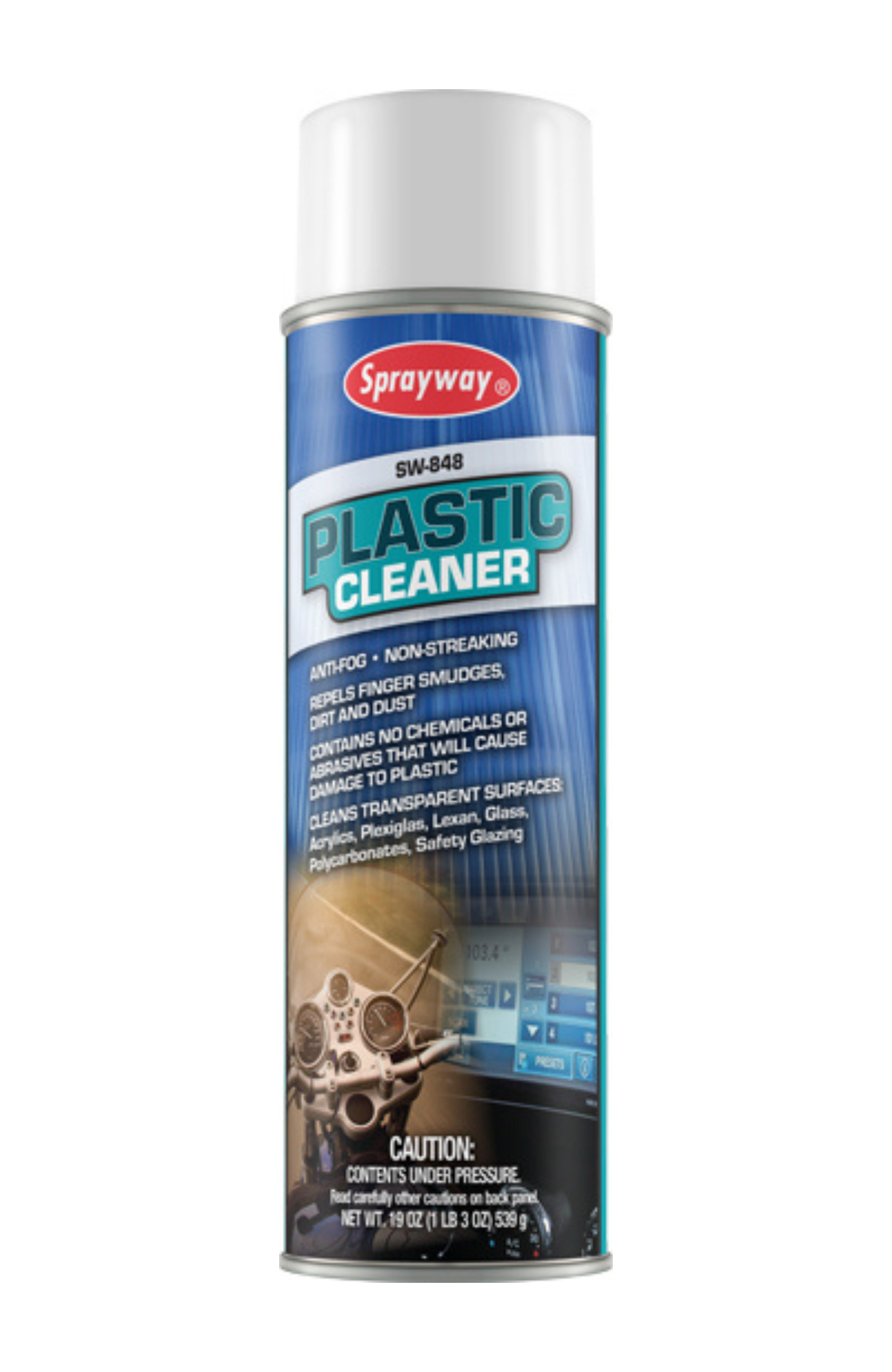 Sprayway SW848 Plastic Cleaner 20 oz aerosol can, 19 oz net weight, anti-fog non-streaking formula safe for Plexiglas, acrylic, Lexan, and polycarbonates.