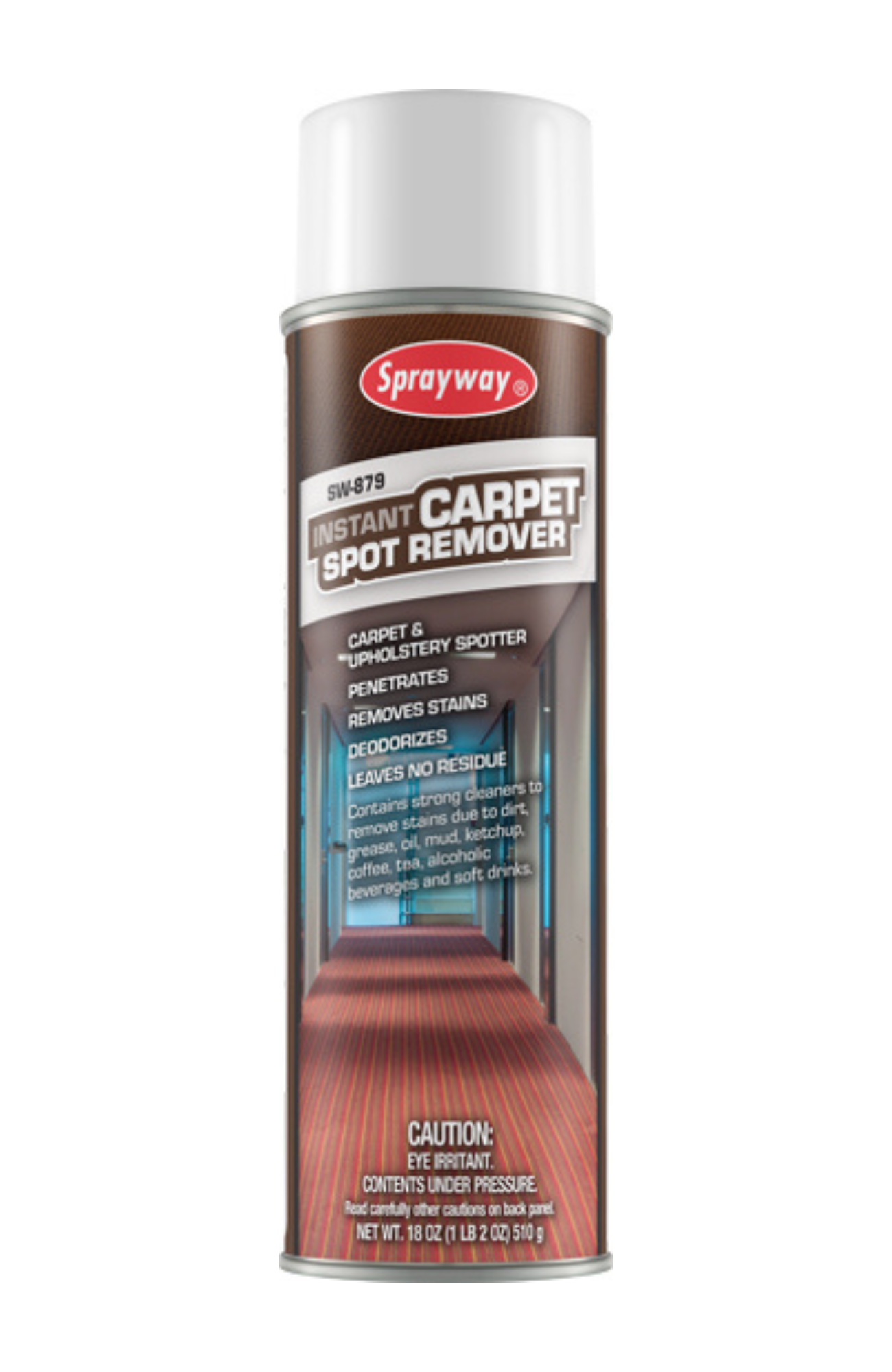 Sprayway SW879 Carpet & Upholstery Spotter 20 oz aerosol can, 18 oz net weight, fast-acting water-based formula for removing oil and water stains from carpets and upholstery.