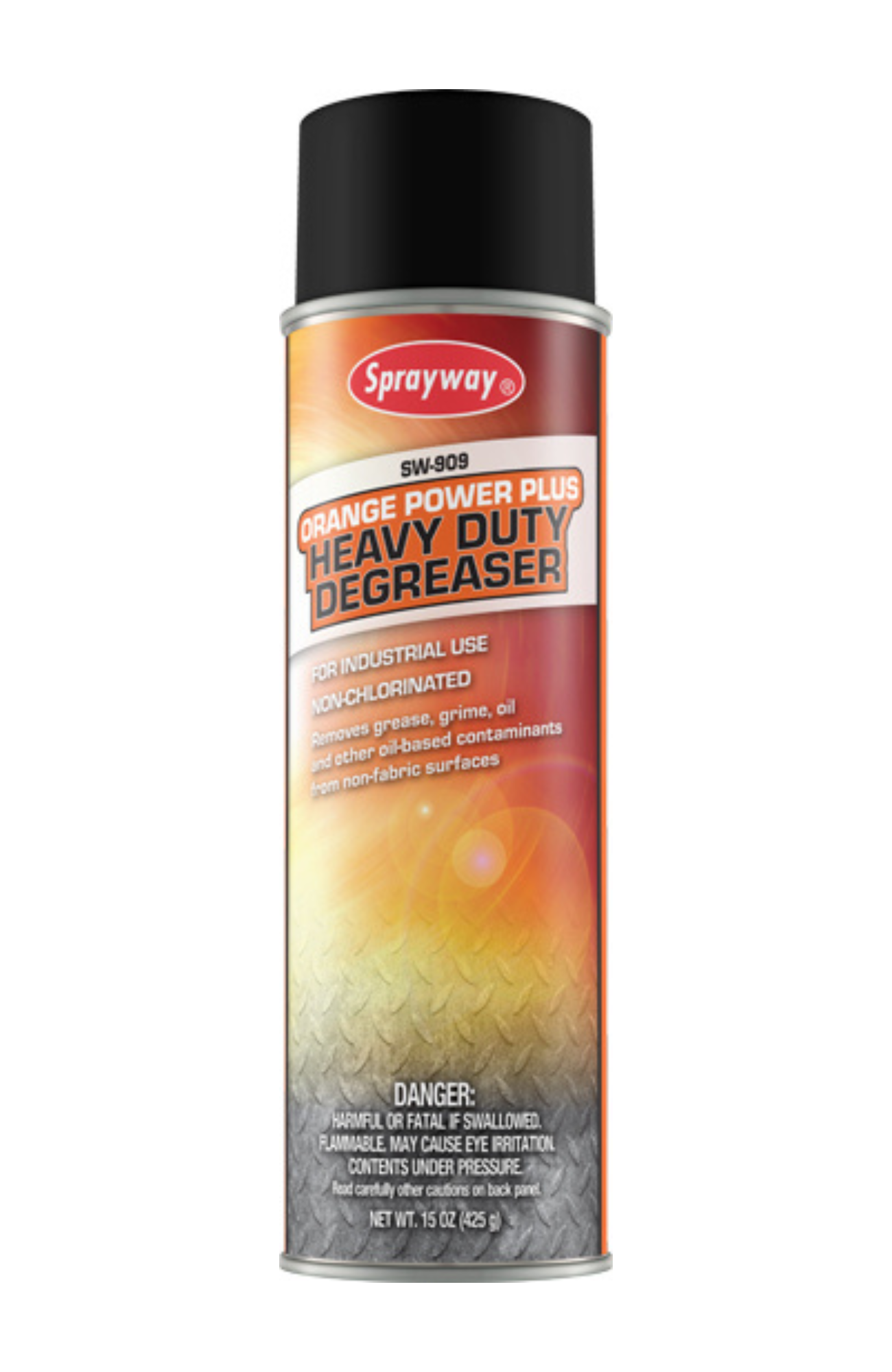 Sprayway SW909 Industrial Heavy Duty Orange Power Plus Degreaser 20 oz aerosol can, 15 oz net weight, non-chlorinated formula with d-Limonene for removing grease, oil, adhesives, tar, wax, and graffiti.