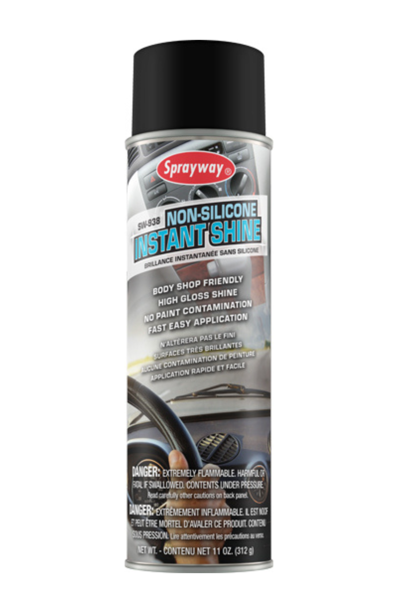 Sprayway SW938 Auto Care Non-Silicone Instant Shine 20 oz aerosol can, 11 oz net weight, body shop safe high-gloss spray for paint, vinyl, tires, moldings, and engine compartments.