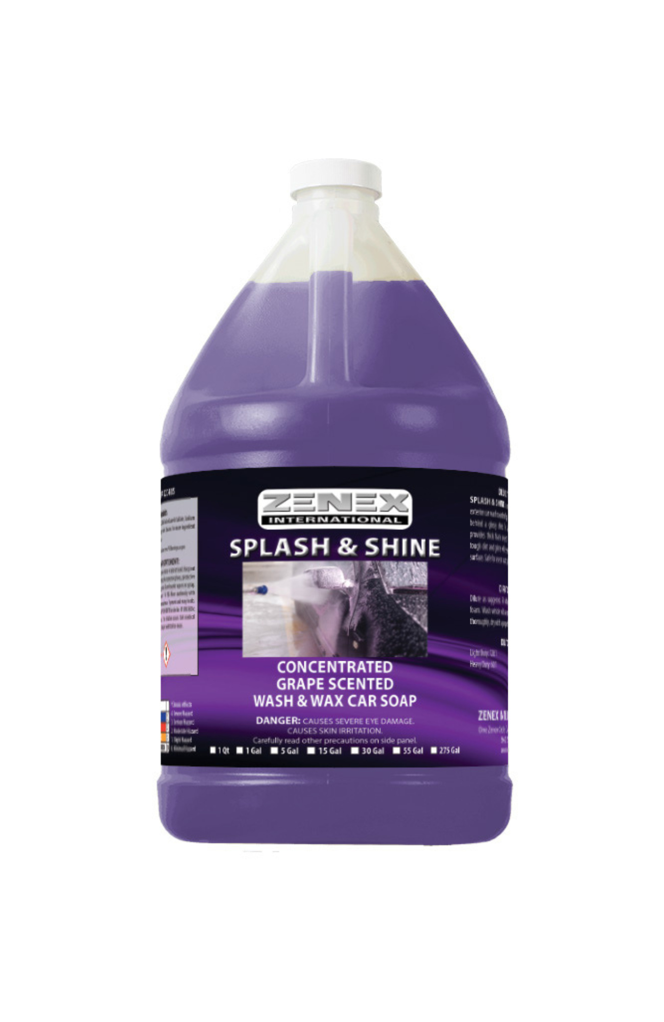 Zenex 220485 Splash & Shine Car Soap, grape-scented concentrated wash and wax formula in purple liquid, safe for all vehicle surfaces including glass, plastic, rubber, and trim.