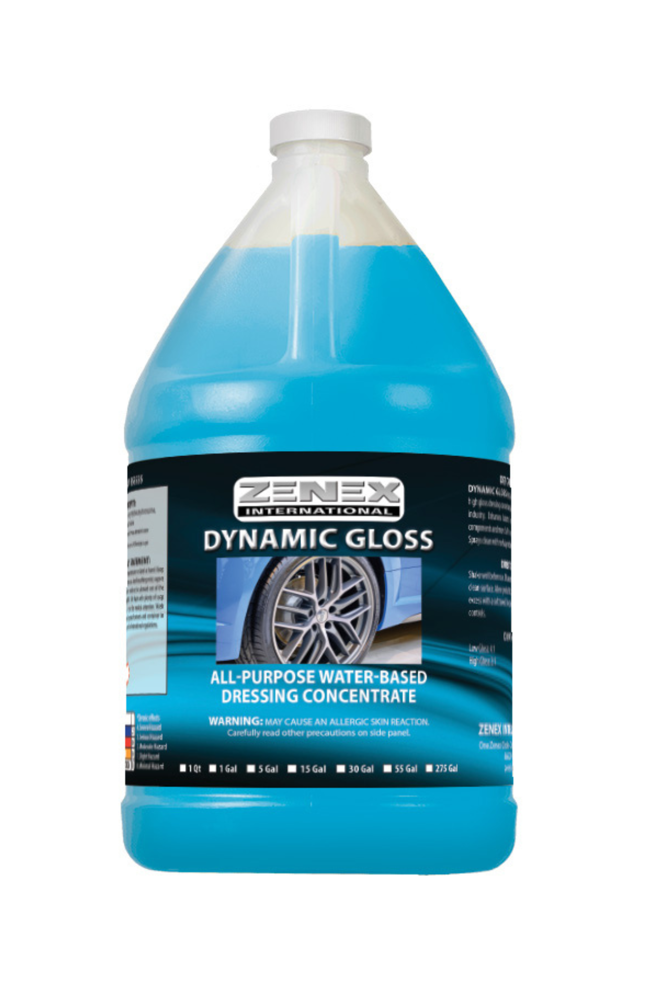 Zenex 353535 Dynamic Gloss, quart container of light blue liquid, professional water-based high-gloss concentrate for tires, wheel wells, vinyl, and plastic surfaces.