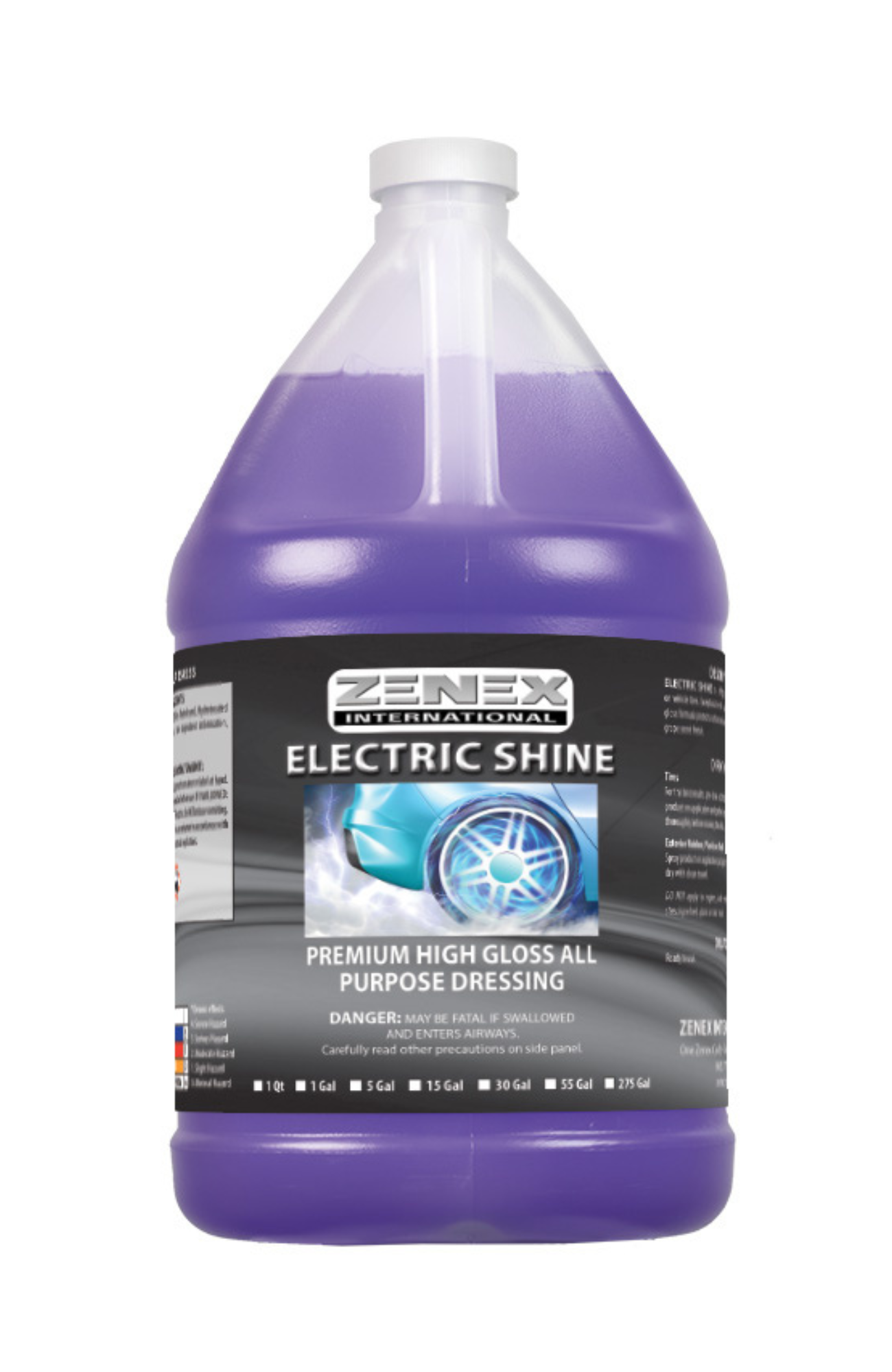 Zenex 354555 Electric Shine Premium High Gloss Tire Dressing, quart bottle with purple liquid, solvent-based RTU formula for long-lasting shine on tires, rubber, vinyl, and trim.