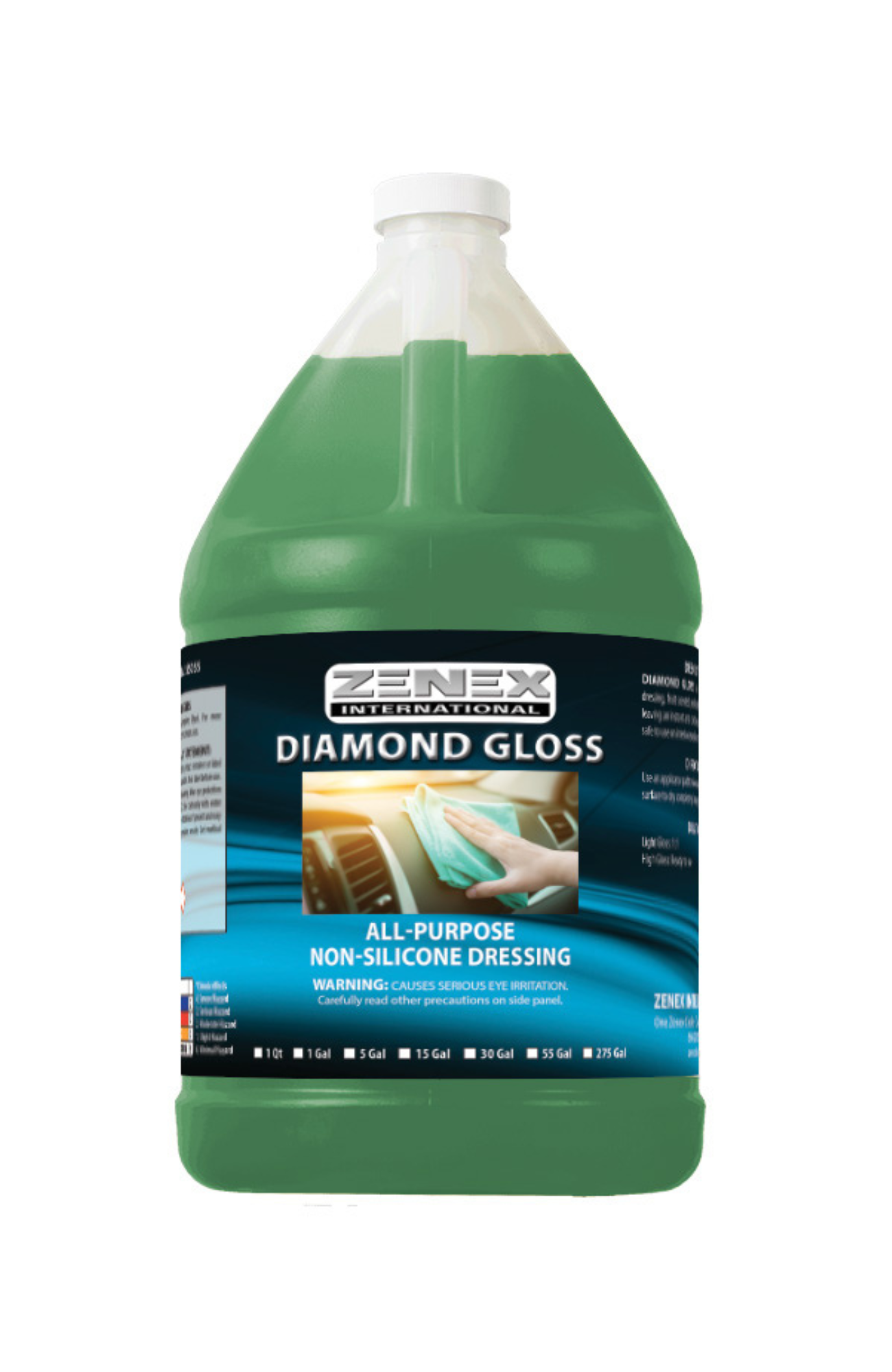 Zenex 355055 Non-Silicone Tire Shine Diamond Gloss, green liquid in quart container, water-based fruit-scented dressing safe for tires, vinyl, rubber, and plastic, providing instant long-lasting shine.