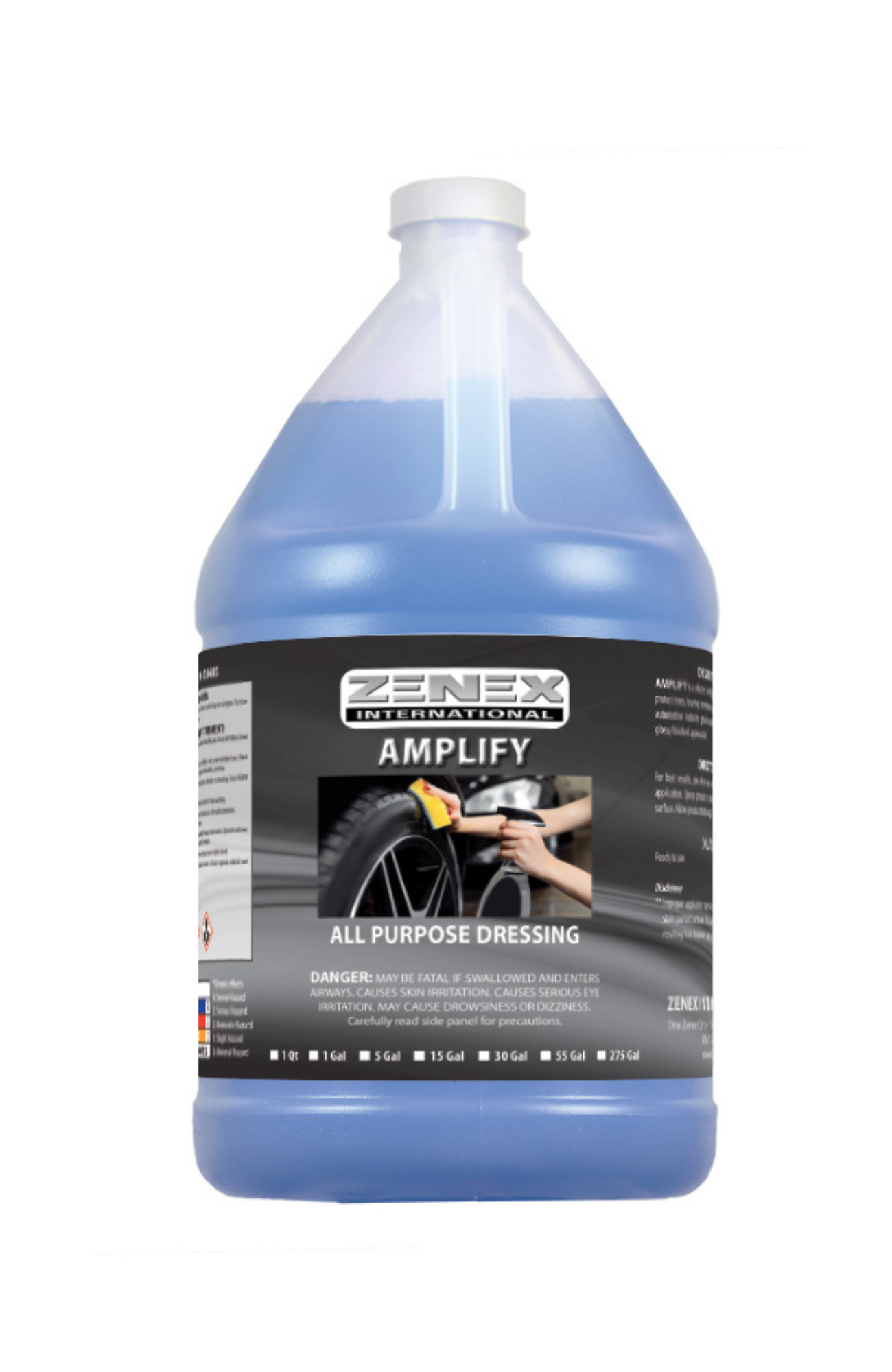 Zenex 358485 Amplify Tire Dressing quart container, silicone-based high gloss RTU formula with watermelon fragrance, providing long-lasting durable tire shine.