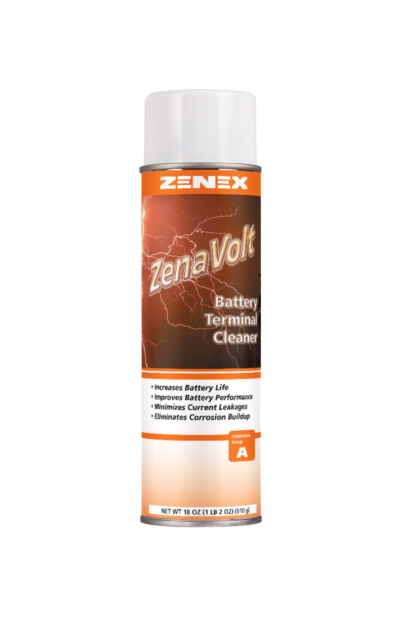Zenex 490605 ZenaVolt Battery Terminal Cleaner, 20 oz. aerosol can with color indicator formula that turns red in acid, yellow when neutral, improving battery life and preventing corrosion.