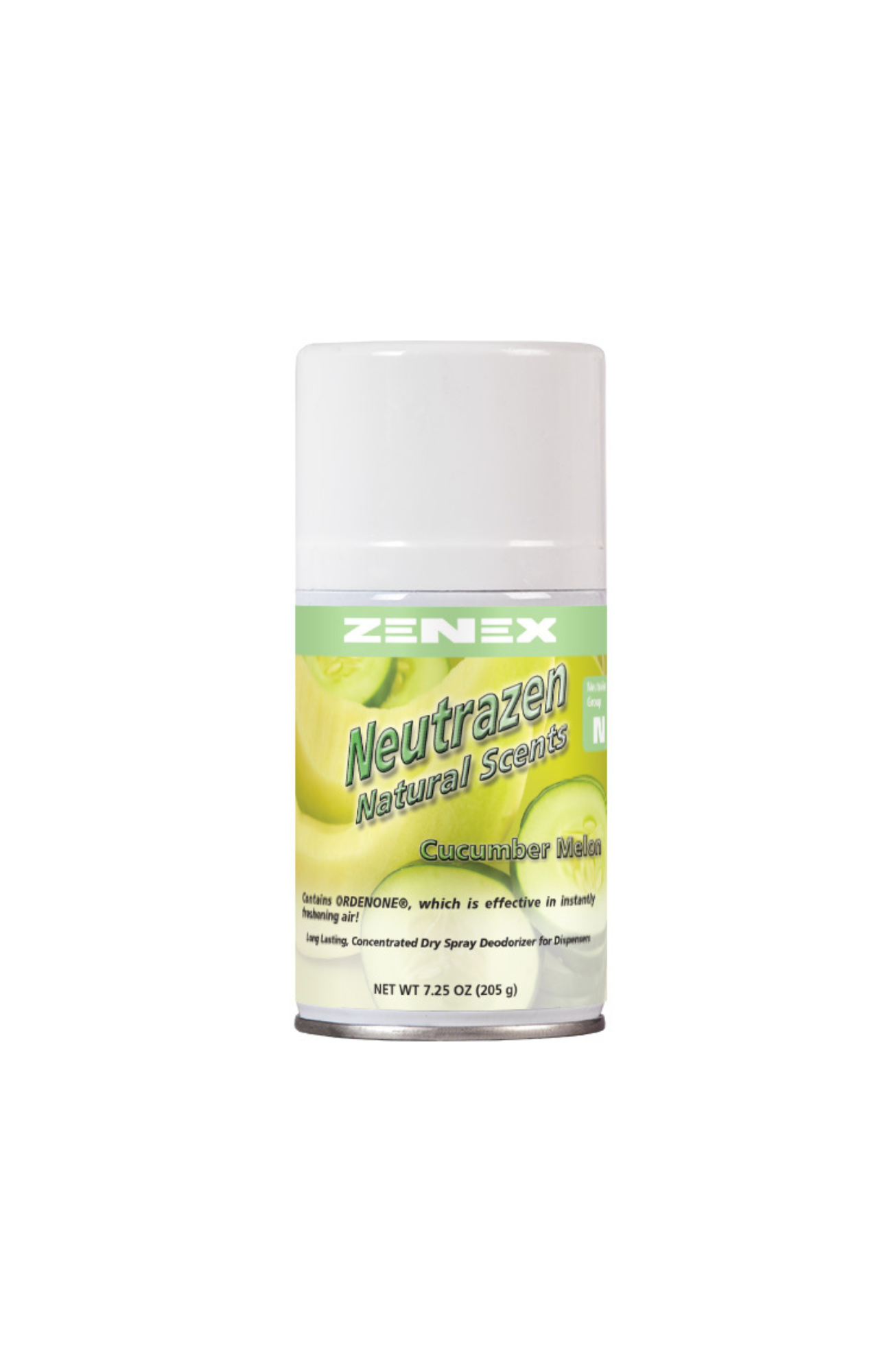 Zenex 491035 Neutrazen Cucumber Melon Metered Air Freshener can, dry-spray odor neutralizer with ORDENONE®, VOC compliant, long-lasting formula for bathrooms, offices, and facilities.