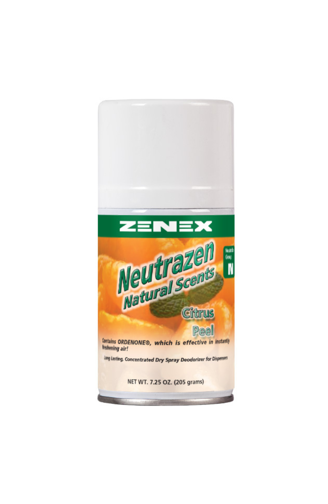 Zenex 491125 Neutrazen Citrus Peel Metered Air Freshener can, citrus-scented dry spray with ORDENONE® odor neutralizer, non-staining and VOC compliant for lasting freshness.