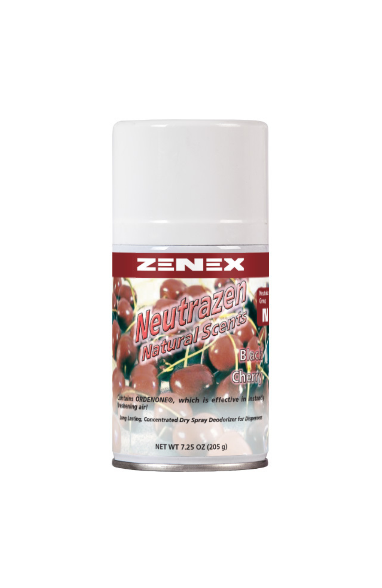 Zenex 491143 Neutrazen Black Cherry Metered Air Freshener can, dry spray odor neutralizer with ORDENONE®, rich cherry fragrance, VOC compliant, long-lasting deodorization.