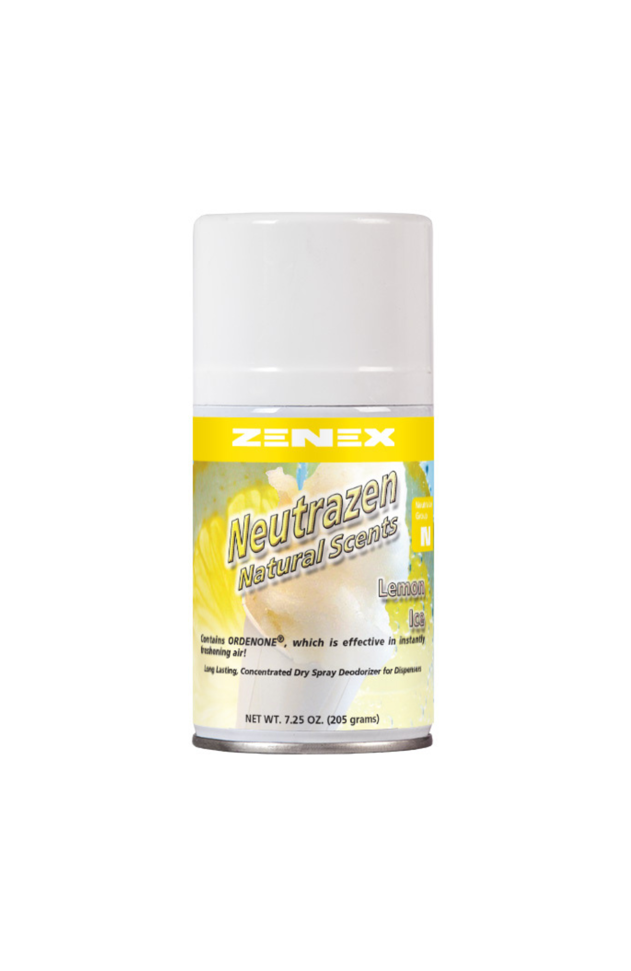 Zenex 491193 Neutrazen Lemon Ice Metered Air Freshener can, dry spray odor neutralizer with ORDENONE®, crisp lemon fragrance, VOC compliant, non-staining, long-lasting deodorization.
