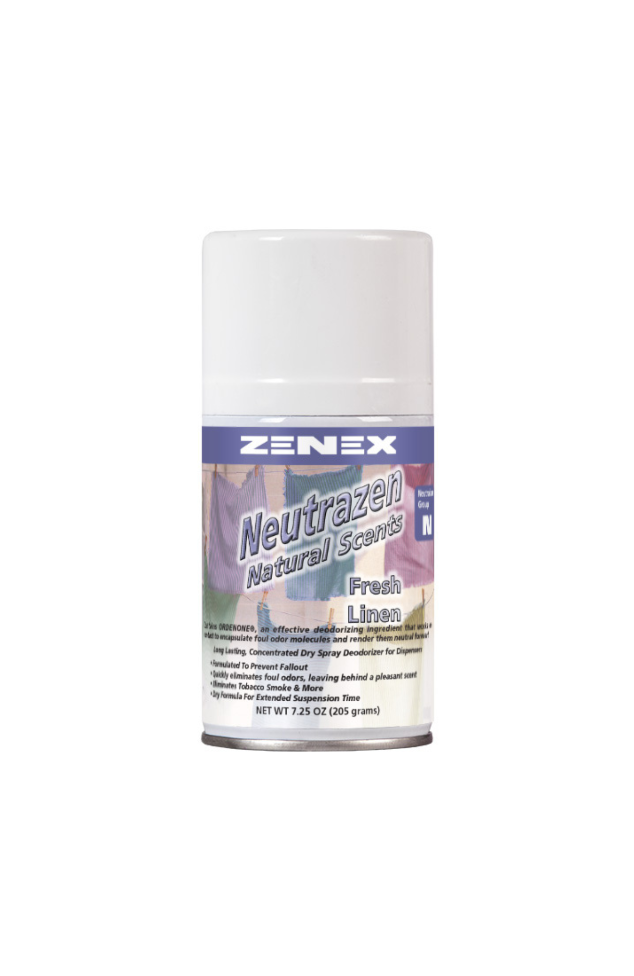 Zenex 491333 Neutrazen Fresh Linen Metered Air Freshener can, dry spray odor neutralizer with ORDENONE®, crisp linen fragrance, VOC compliant, long-lasting freshness.