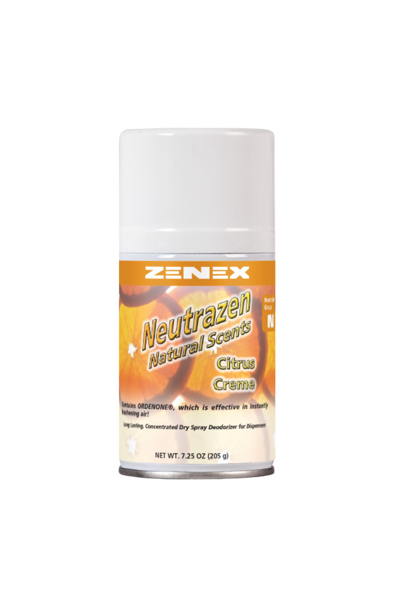 Zenex 491505 Neutrazen Citrus Creme Metered Air Freshener can, dry spray odor neutralizer with ORDENONE®, citrus creme scent, VOC compliant, long-lasting freshness.