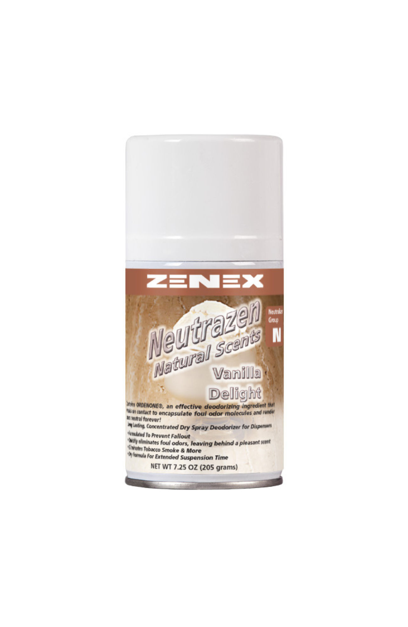 Zenex 491555 Neutrazen Vanilla Metered Air Freshener can, dry spray odor neutralizer with ORDENONE®, warm vanilla scent, VOC compliant, non-staining, long-lasting deodorization.