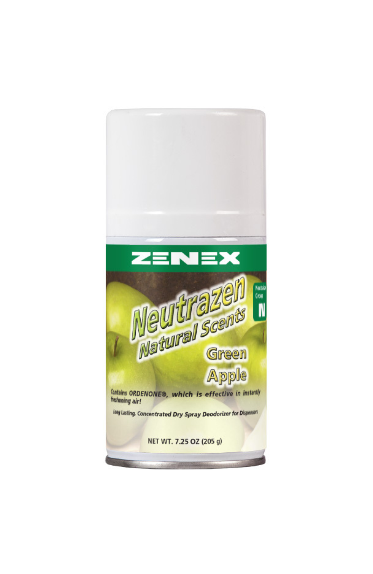 Zenex 491855 Neutrazen Green Apple Metered Air Freshener can, dry spray odor neutralizer with ORDENONE®, crisp apple fragrance, VOC compliant, long-lasting freshness.