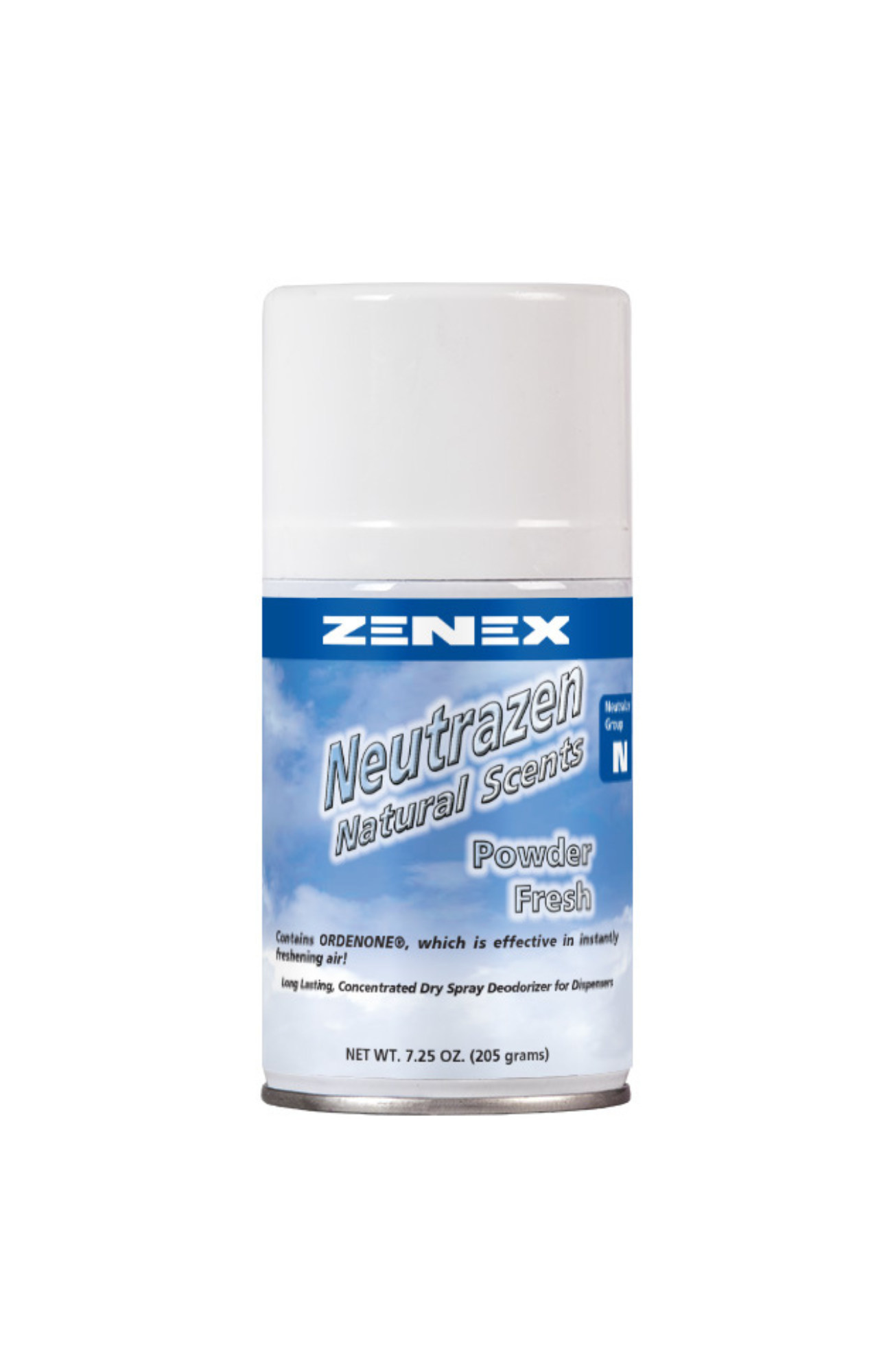 Zenex 491905 Neutrazen Powder Fresh Metered Air Freshener can, dry spray odor neutralizer with ORDENONE®, clean powder scent, VOC compliant, long-lasting freshness.